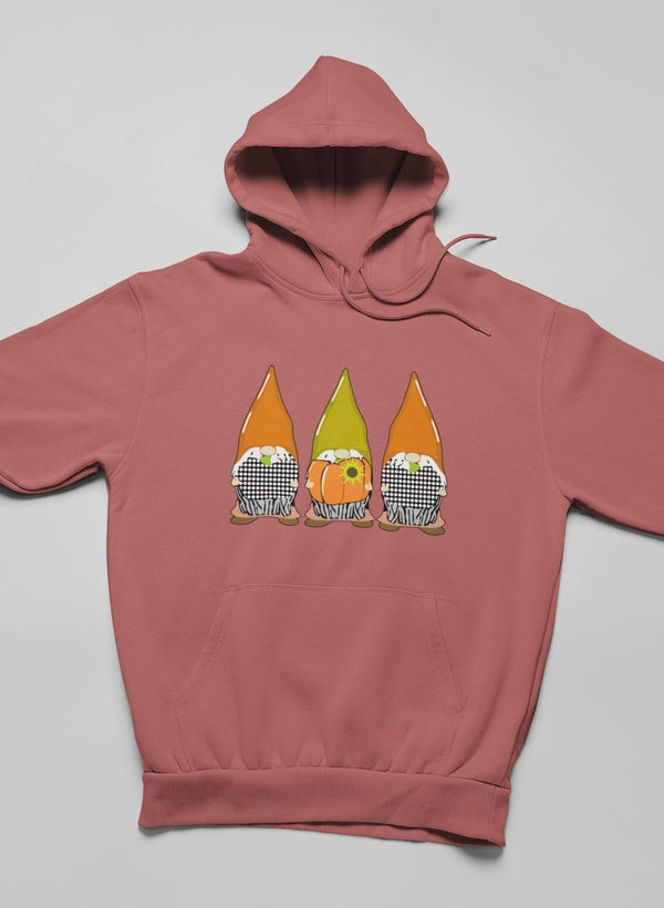 Cozy Pumpkin Gnomes Fall Hoodie featuring a whimsical design, adjustable hood, and banded cuffs, perfect for autumn wear.