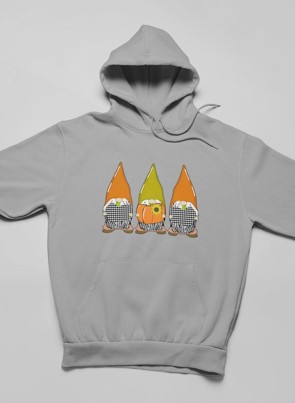 Cozy Pumpkin Gnomes Fall Hoodie featuring a whimsical design, adjustable hood, and banded cuffs, perfect for autumn wear.