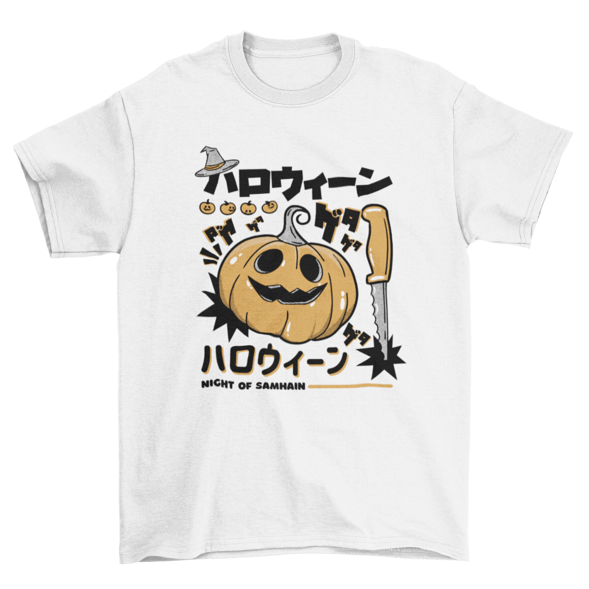 A spooky Pumpkin Halloween monster t-shirt featuring a creepy pumpkin monster design with a knife and Halloween elements.