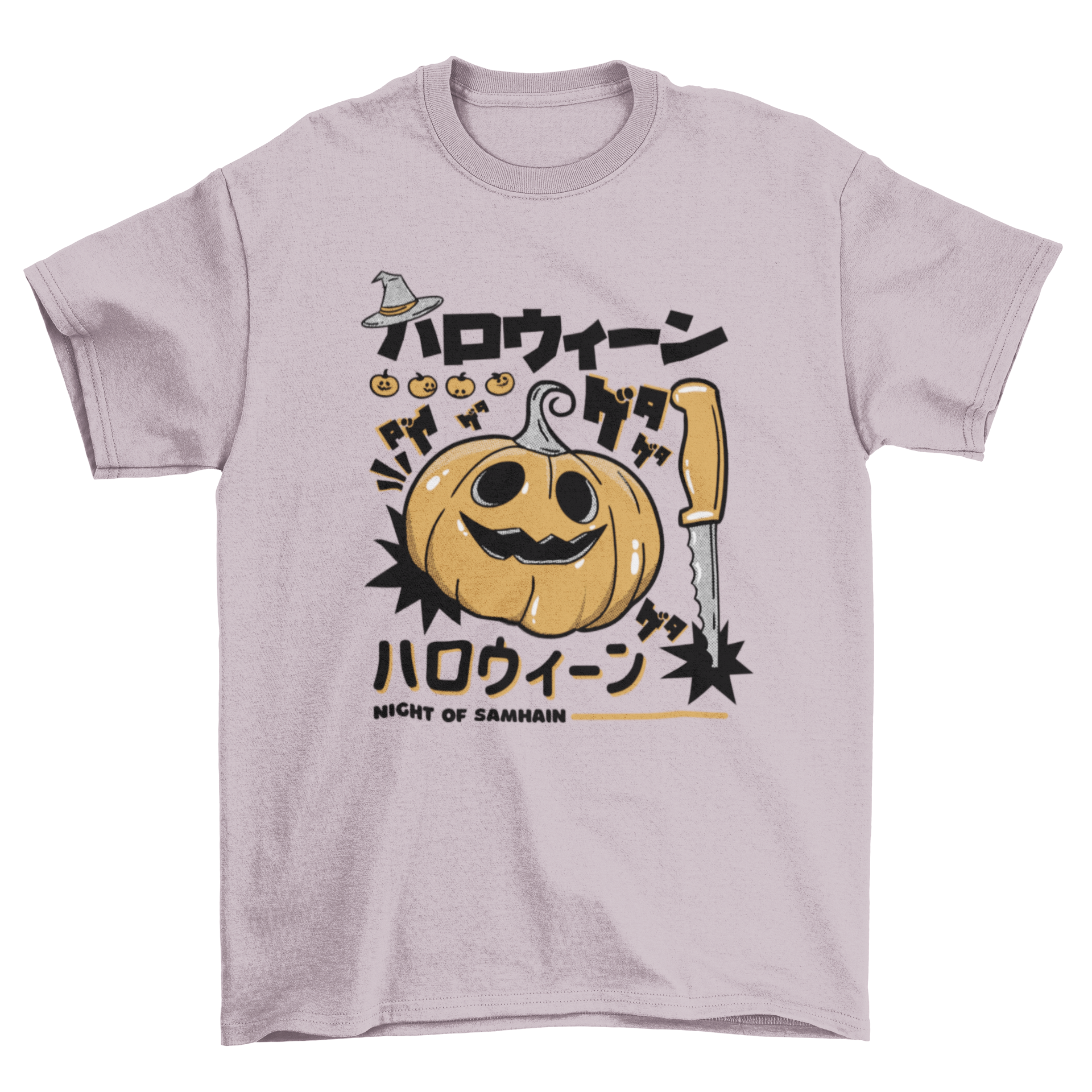 A spooky Pumpkin Halloween monster t-shirt featuring a creepy pumpkin monster design with a knife and Halloween elements.