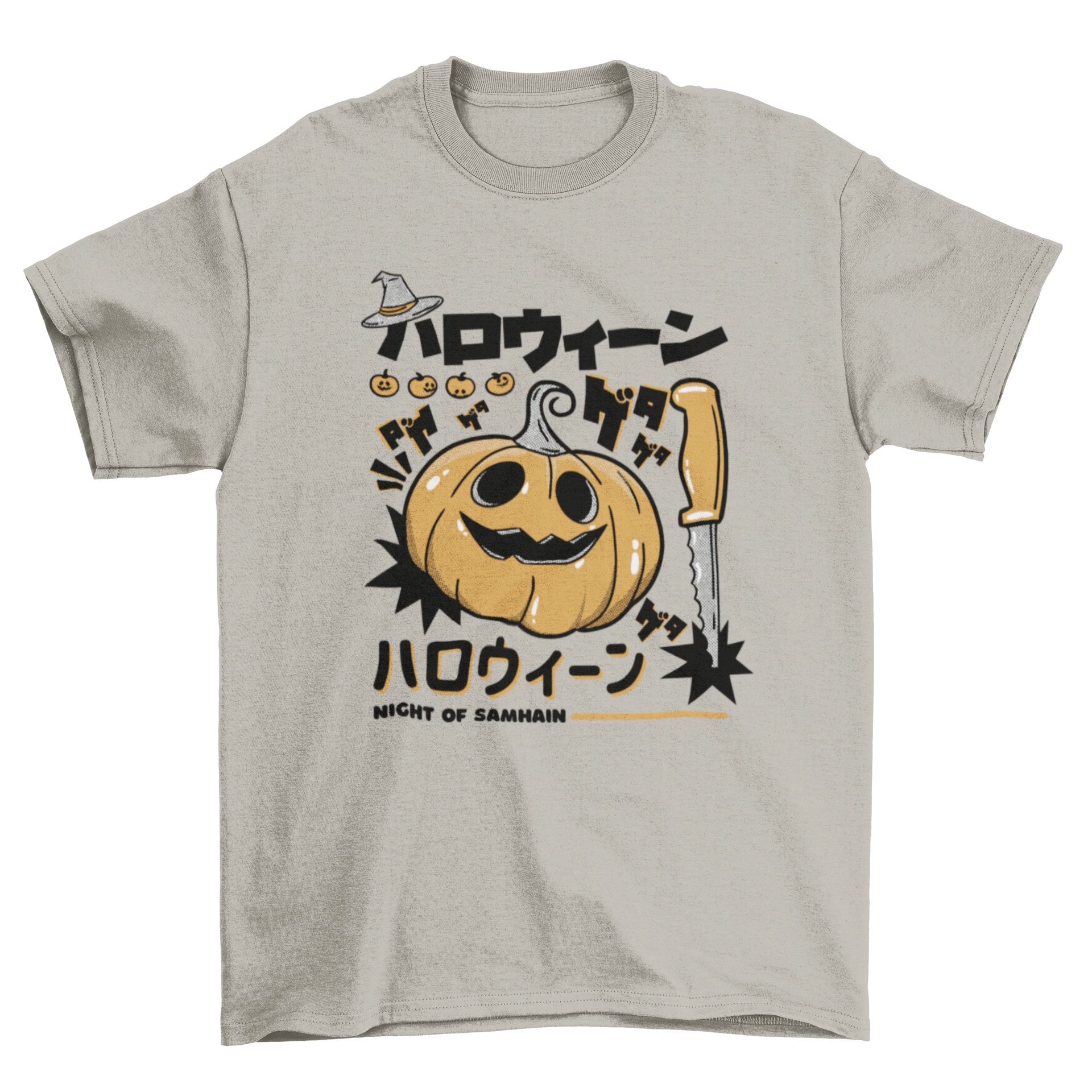 A spooky Pumpkin Halloween monster t-shirt featuring a creepy pumpkin monster design with a knife and Halloween elements.