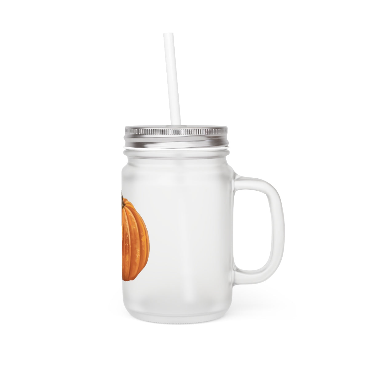 A stylish Pumpkin Mason Jar made of frosted glass, featuring a straw and lid, perfect for personalized drinks.