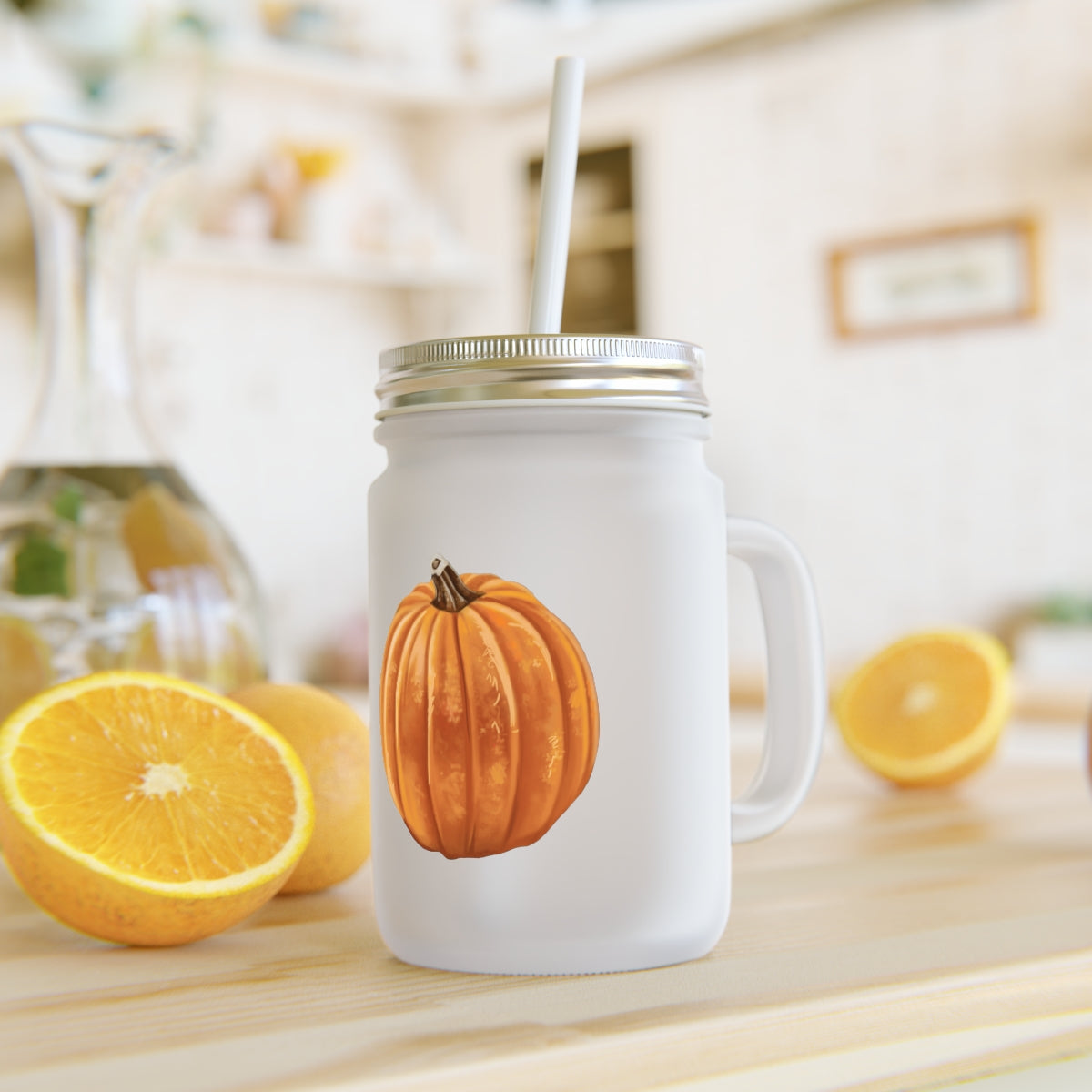 A stylish Pumpkin Mason Jar made of frosted glass, featuring a straw and lid, perfect for personalized drinks.