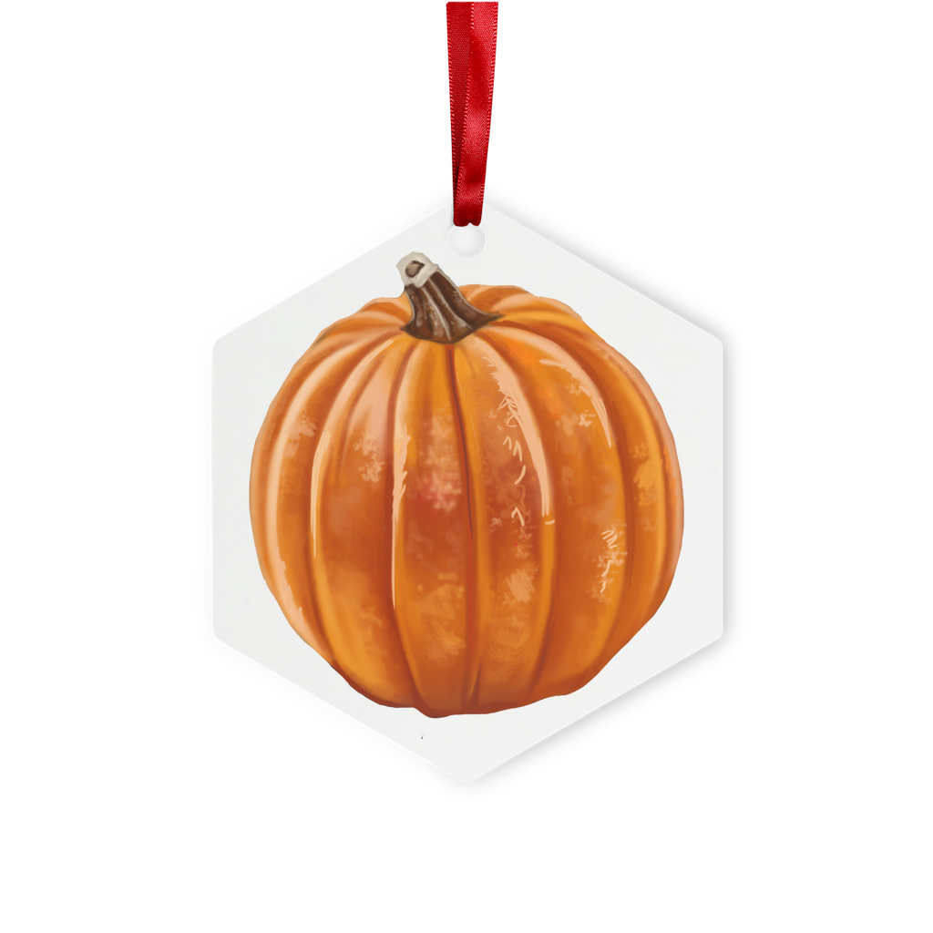 Pumpkin Metal Hanging Ornament in hexagon and star shapes, featuring a gloss white finish, red ribbon, and gold string, elegantly packaged in a white box.