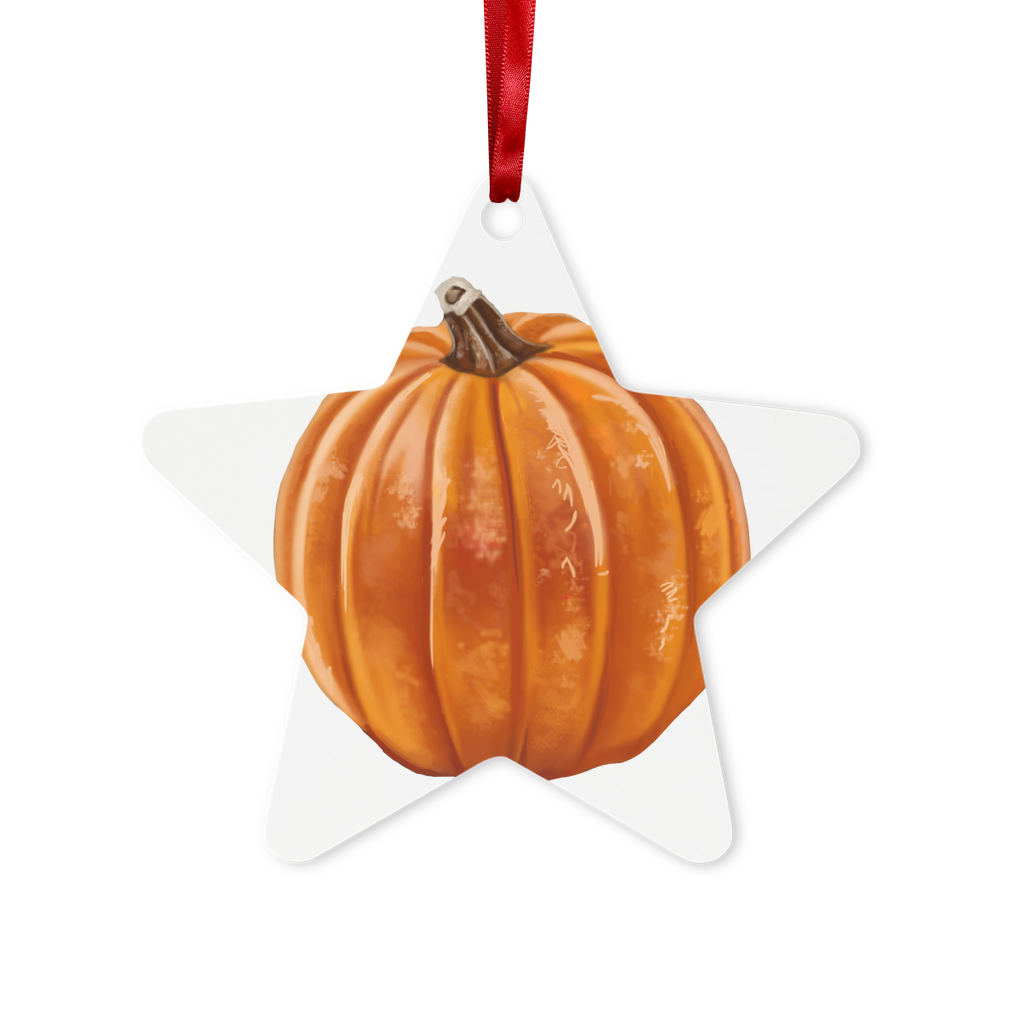 Pumpkin Metal Hanging Ornament in hexagon and star shapes, featuring a gloss white finish, red ribbon, and gold string, elegantly packaged in a white box.