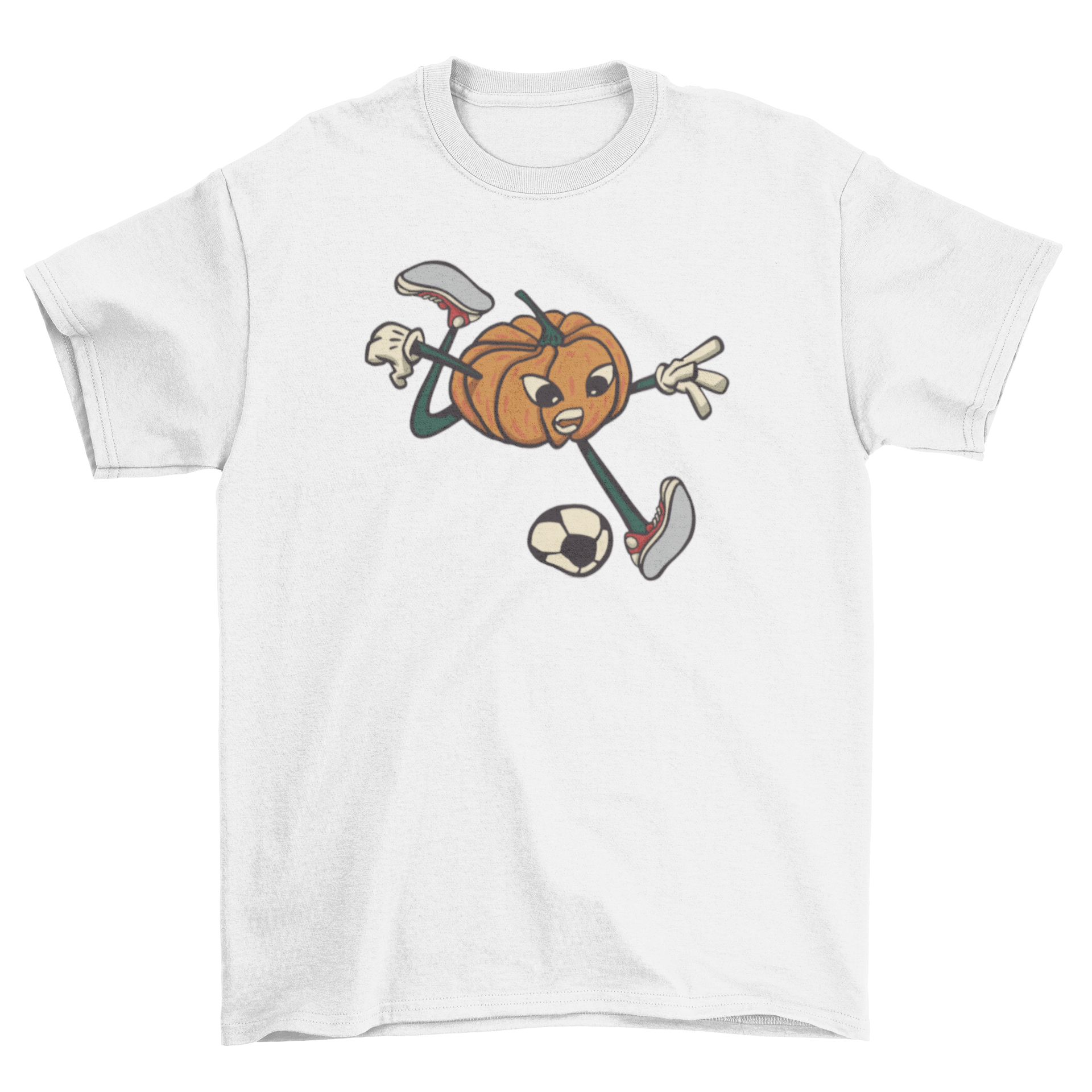 A vibrant t-shirt featuring a cartoon pumpkin energetically playing soccer, perfect for Halloween and soccer fans.