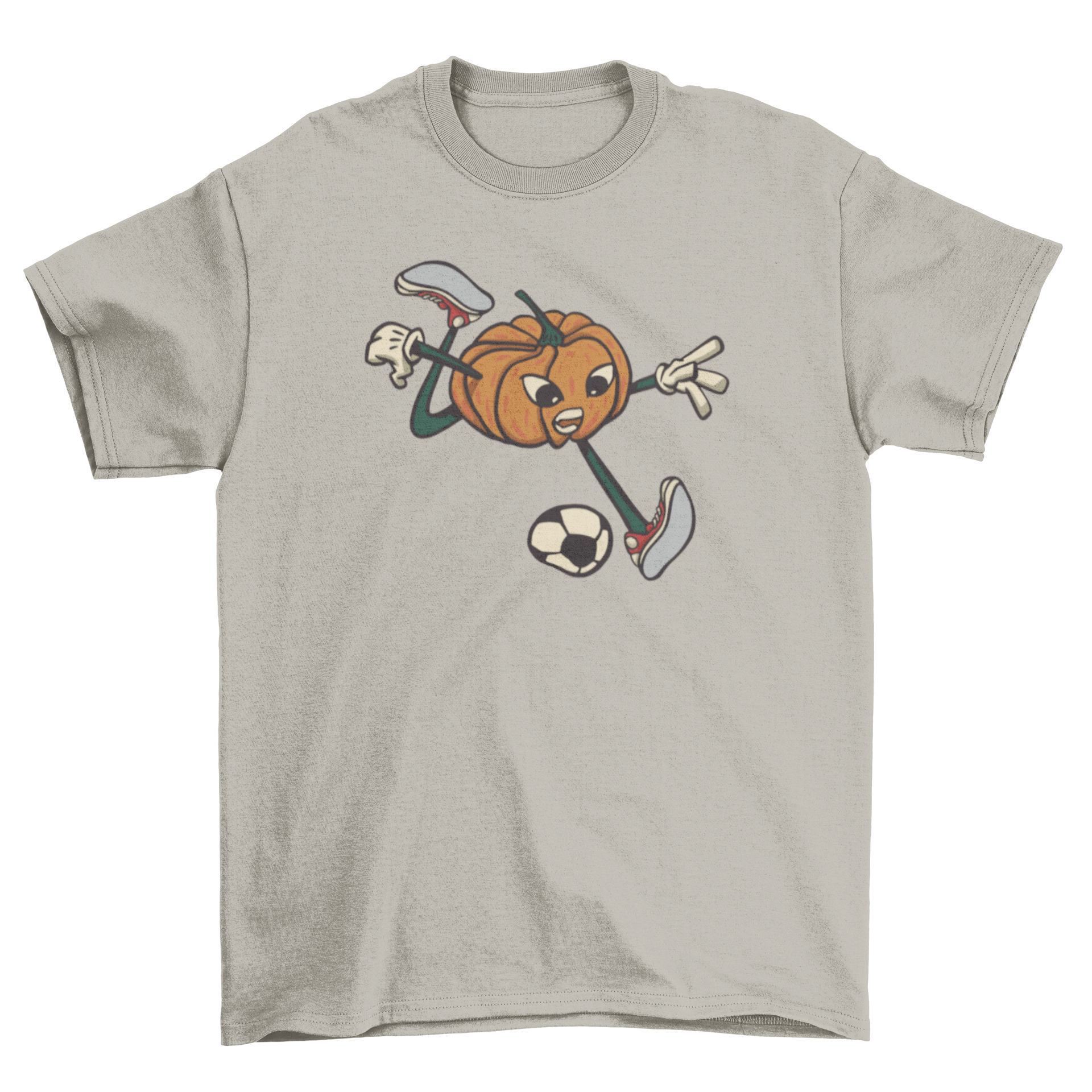 A vibrant t-shirt featuring a cartoon pumpkin energetically playing soccer, perfect for Halloween and soccer fans.