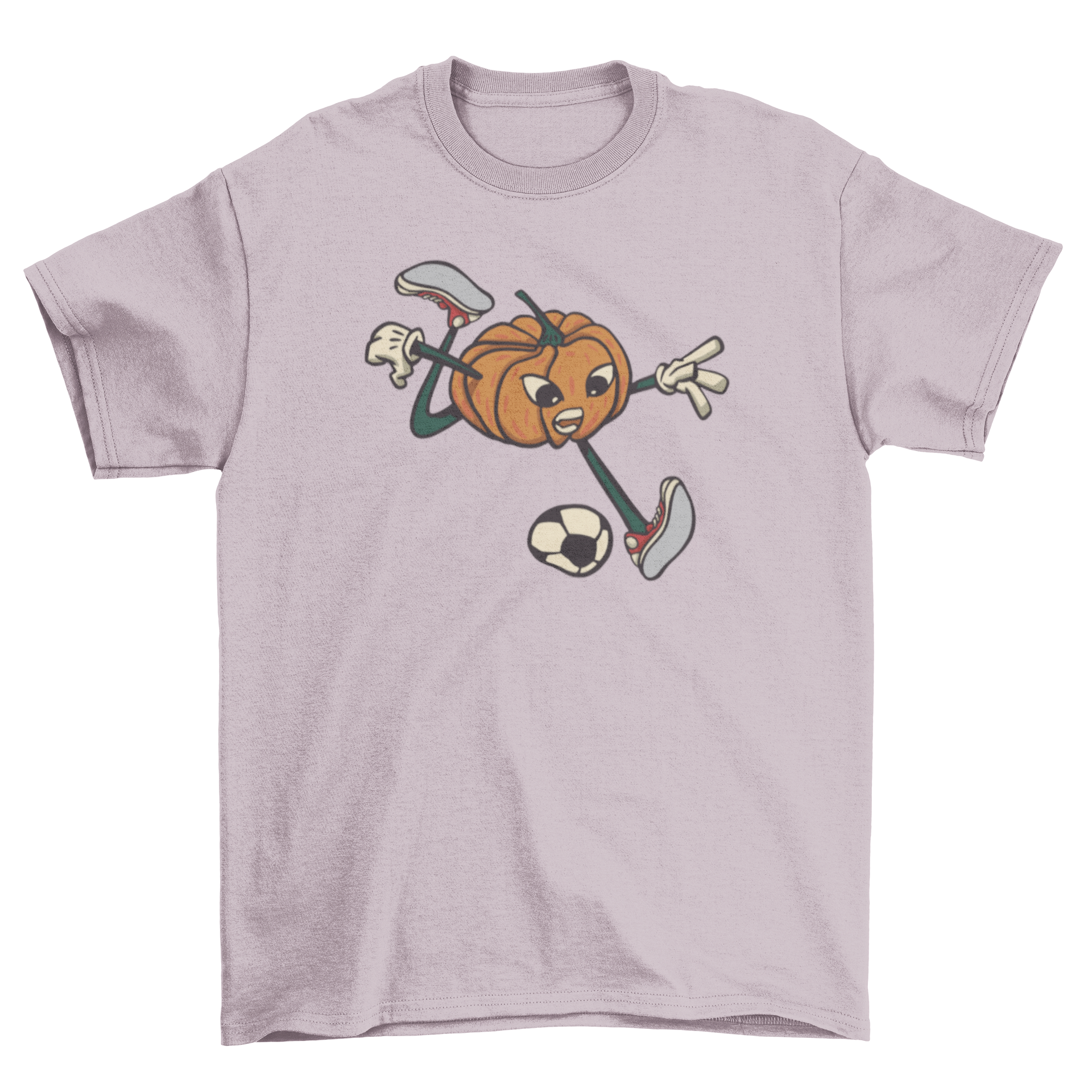 A vibrant t-shirt featuring a cartoon pumpkin energetically playing soccer, perfect for Halloween and soccer fans.