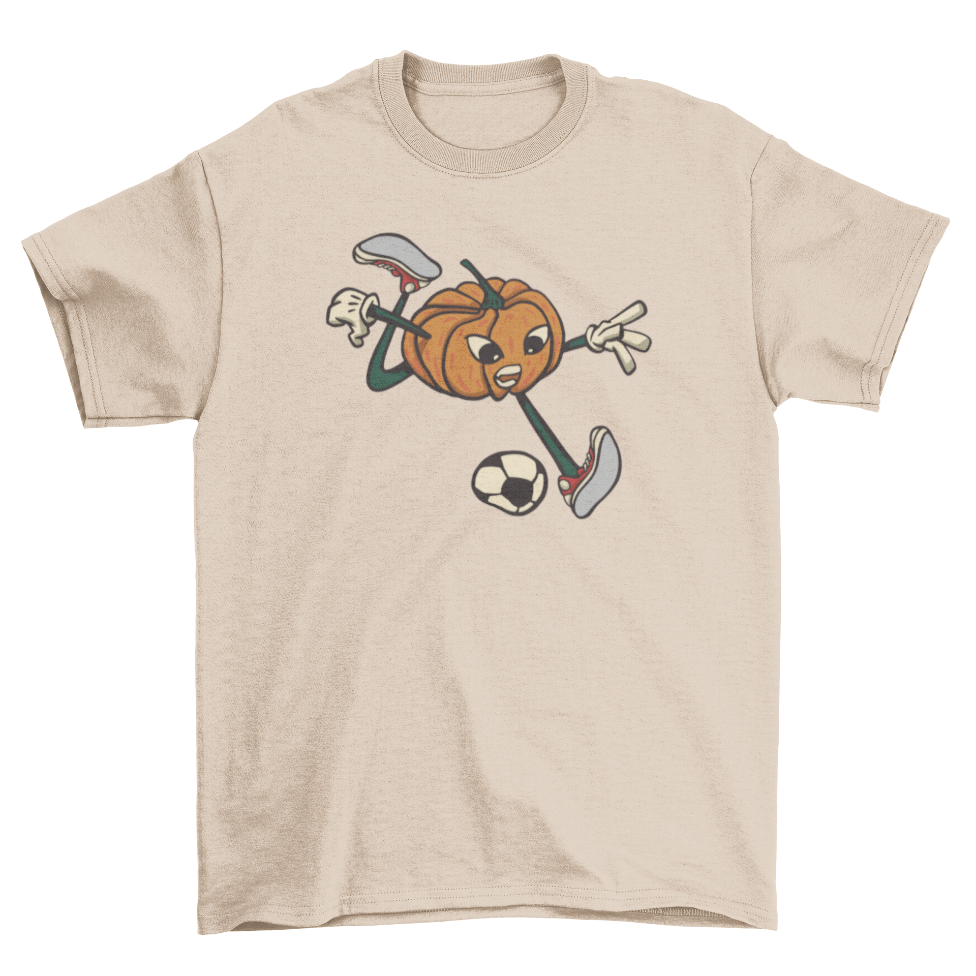 A vibrant t-shirt featuring a cartoon pumpkin energetically playing soccer, perfect for Halloween and soccer fans.