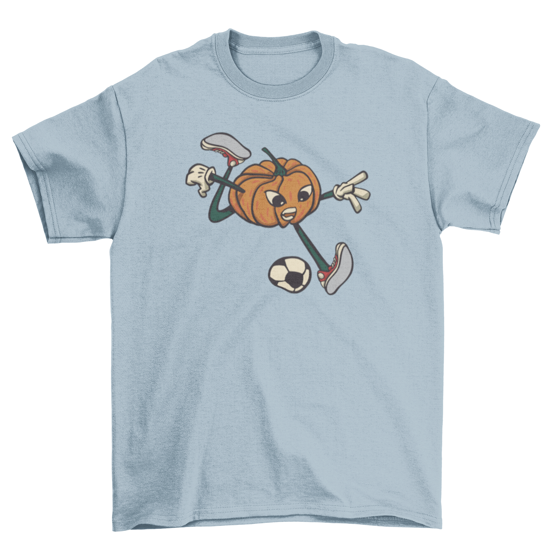 A vibrant t-shirt featuring a cartoon pumpkin energetically playing soccer, perfect for Halloween and soccer fans.