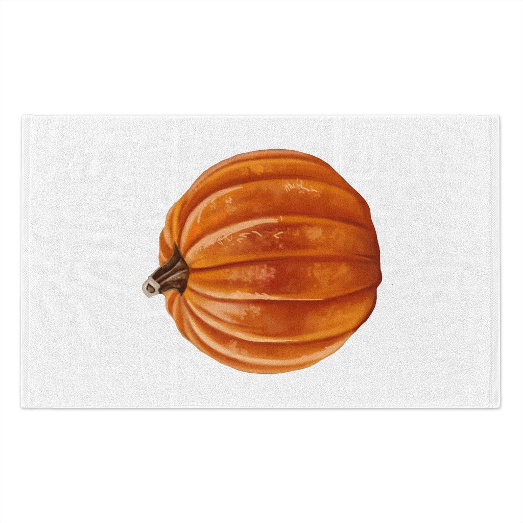 Pumpkin Rally Towel, 11x18 inches, featuring soft cotton and printed mink polyester, ideal for personalization and versatile use.