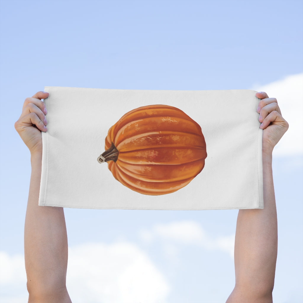 Pumpkin Rally Towel, 11x18 inches, featuring soft cotton and printed mink polyester, ideal for personalization and versatile use.