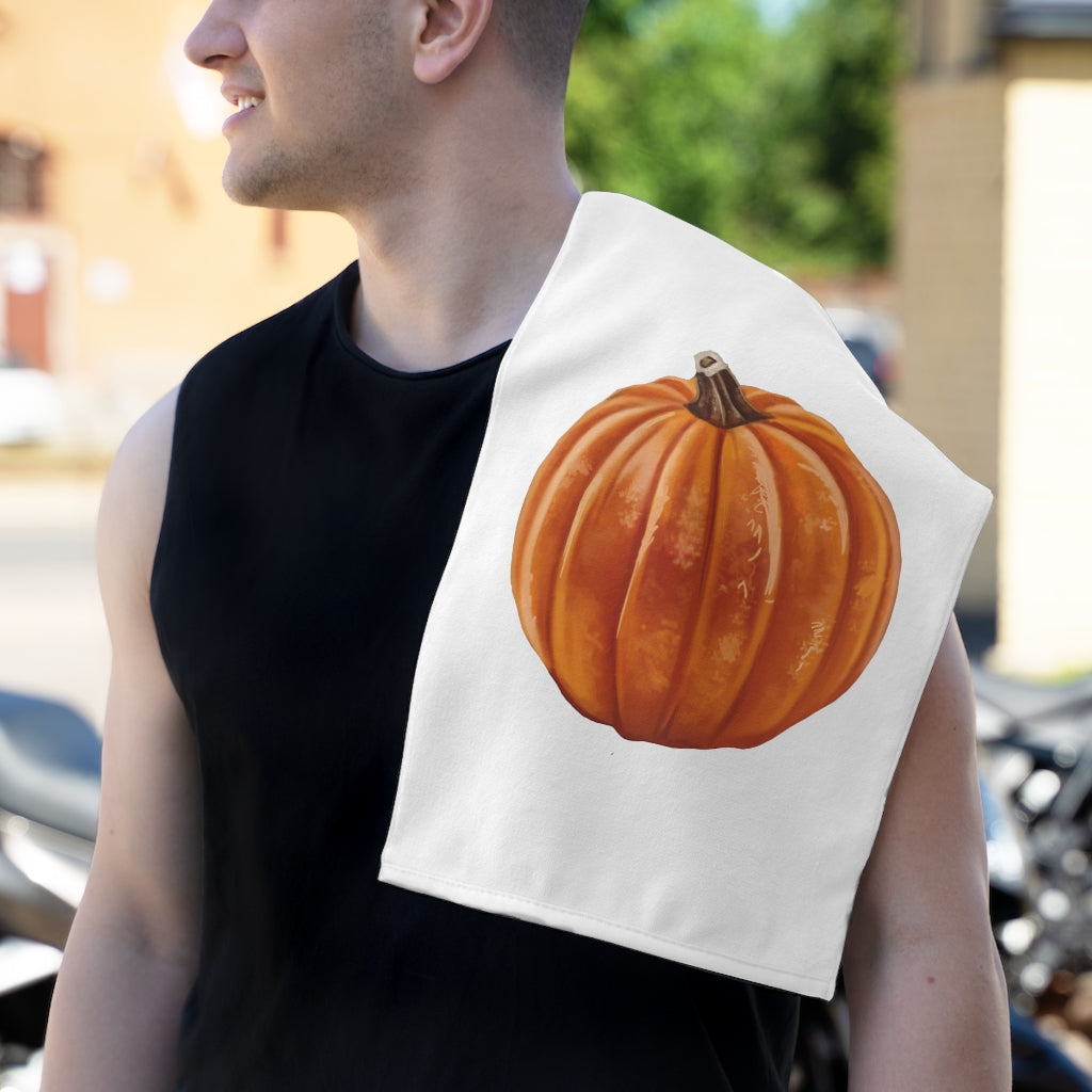 Pumpkin Rally Towel, 11x18 inches, featuring soft cotton and printed mink polyester, ideal for personalization and versatile use.