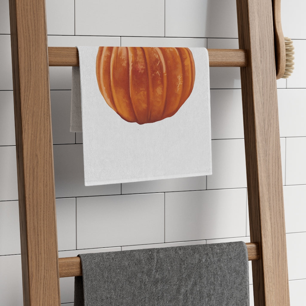 Pumpkin Rally Towel, 11x18 inches, featuring soft cotton and printed mink polyester, ideal for personalization and versatile use.