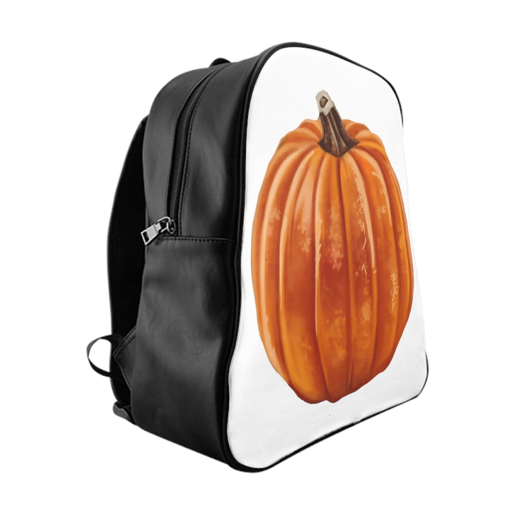 A stylish pumpkin-themed school backpack made of durable PU leather with chocolate brown lining and padded back for comfort.