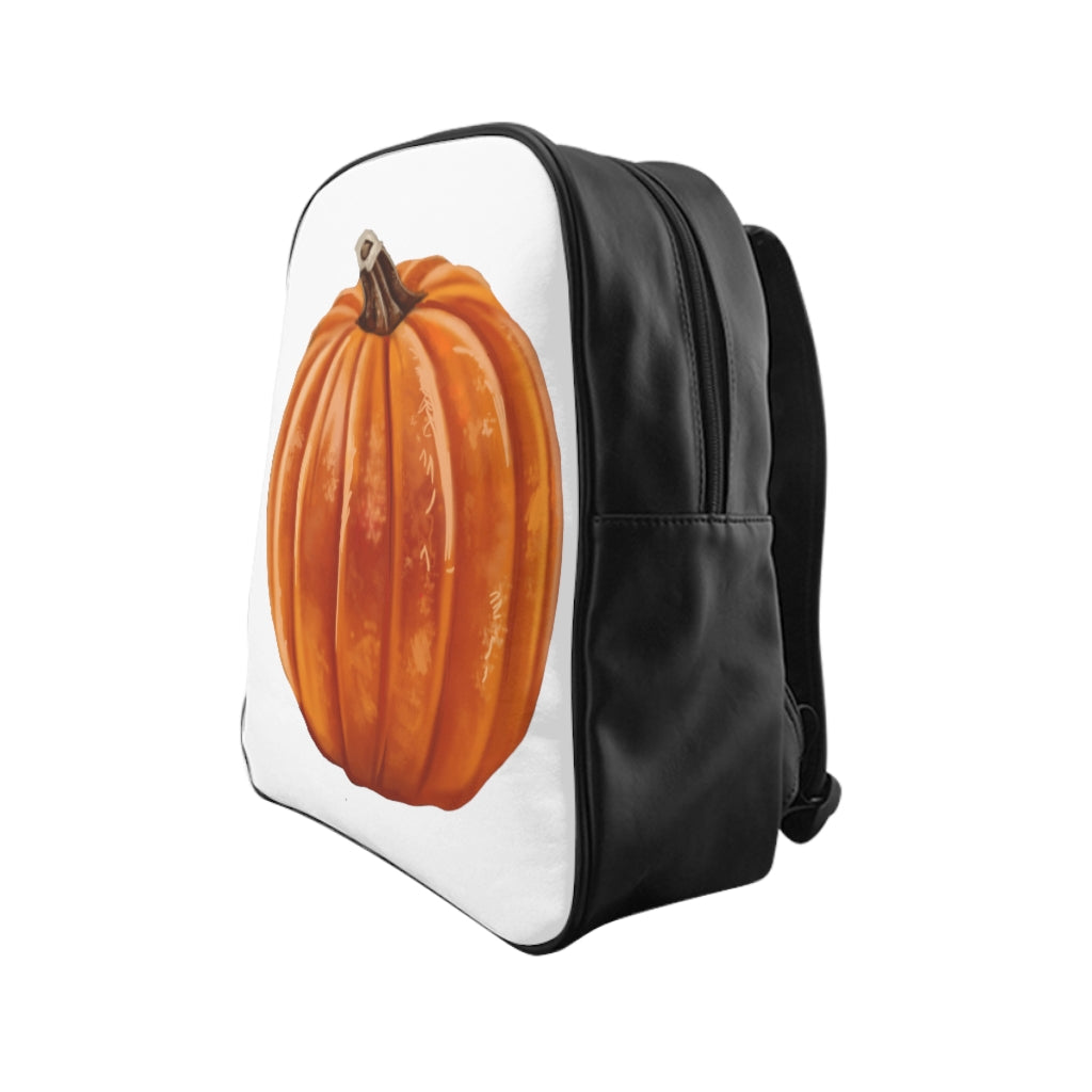 A stylish pumpkin-themed school backpack made of durable PU leather with chocolate brown lining and padded back for comfort.