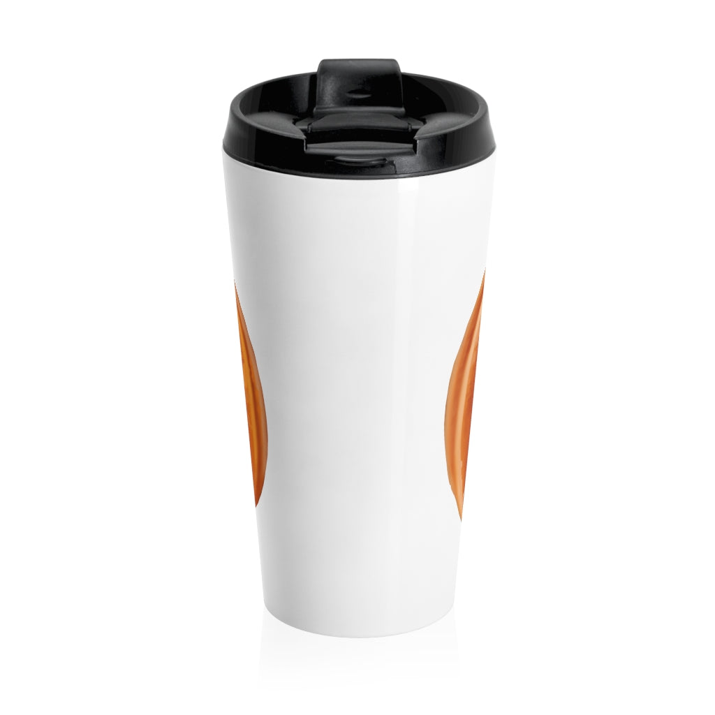 Pumpkin Stainless Steel Travel Mug with black lid and vibrant design, perfect for coffee and tea lovers.