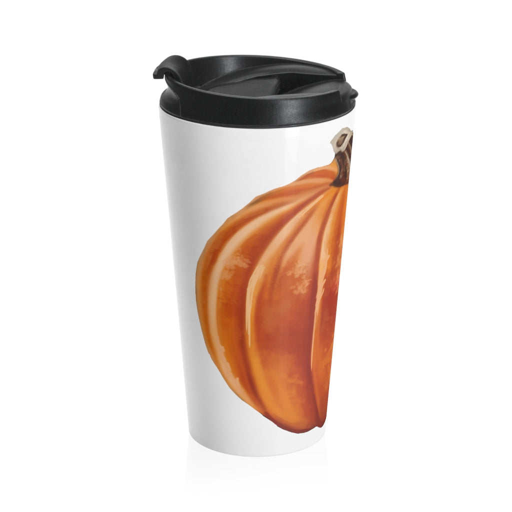 Pumpkin Stainless Steel Travel Mug with black lid and vibrant design, perfect for coffee and tea lovers.