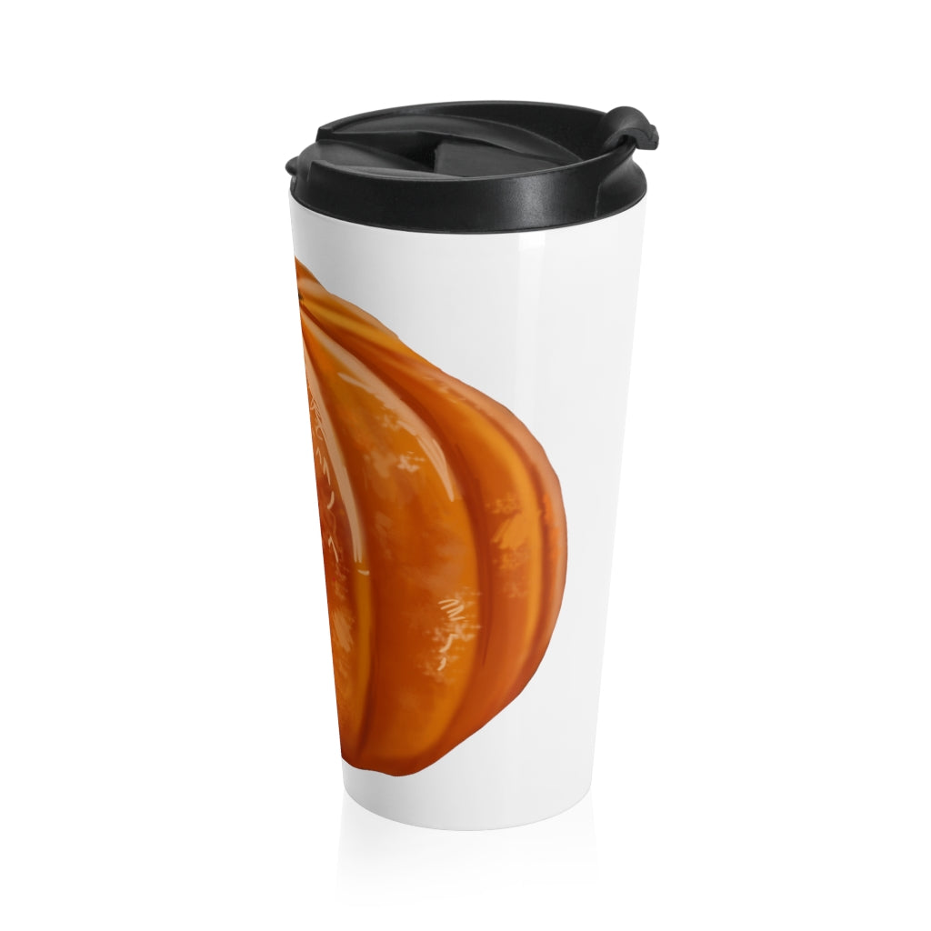 Pumpkin Stainless Steel Travel Mug with black lid and vibrant design, perfect for coffee and tea lovers.