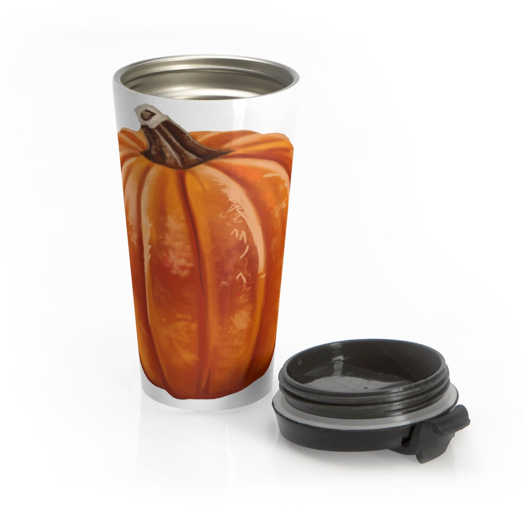 Pumpkin Stainless Steel Travel Mug with black lid and vibrant design, perfect for coffee and tea lovers.