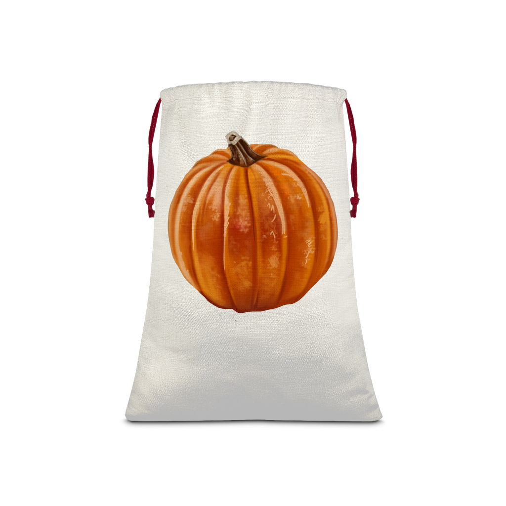 Pumpkin Sublimation Linen Drawstring Sack with red drawstring, featuring vibrant pumpkin print, ideal for Christmas gifts and laundry.