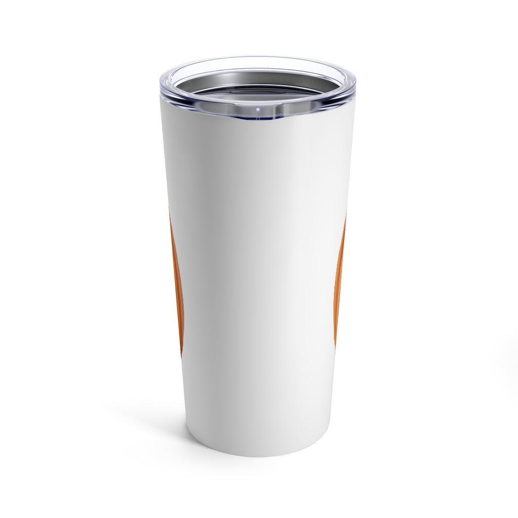 A stylish 20oz stainless steel pumpkin tumbler with a see-thru plastic lid, perfect for travel and outdoor use.