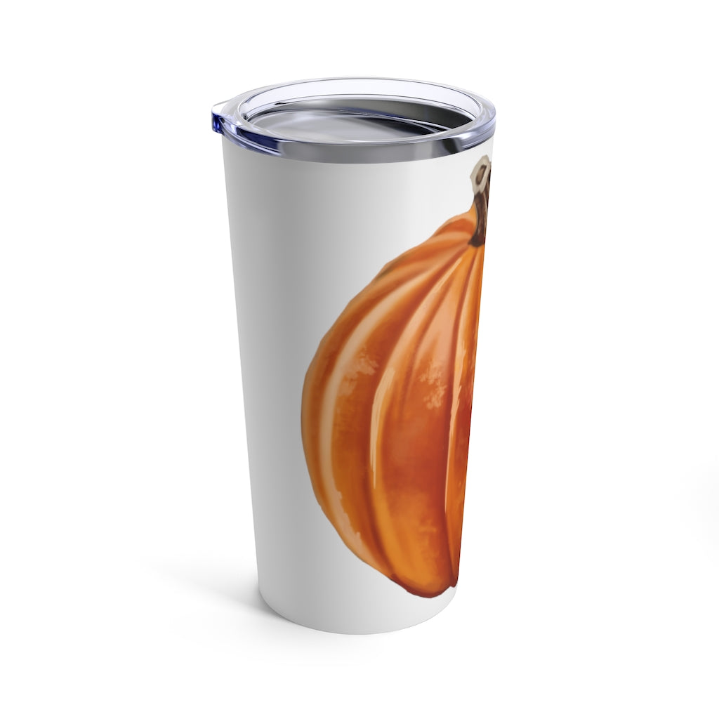 A stylish 20oz stainless steel pumpkin tumbler with a see-thru plastic lid, perfect for travel and outdoor use.