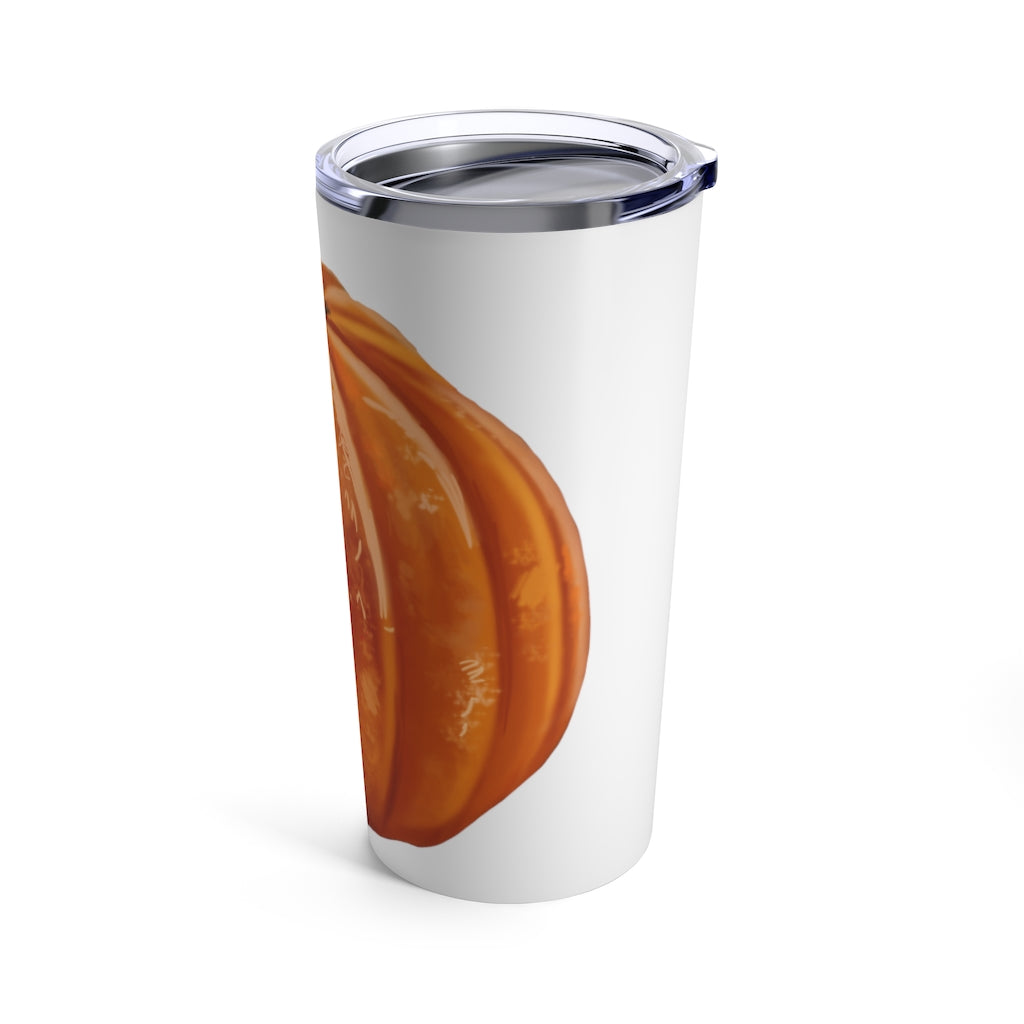 A stylish 20oz stainless steel pumpkin tumbler with a see-thru plastic lid, perfect for travel and outdoor use.