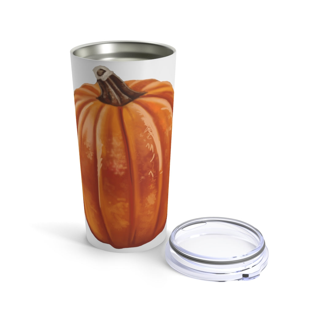 A stylish 20oz stainless steel pumpkin tumbler with a see-thru plastic lid, perfect for travel and outdoor use.