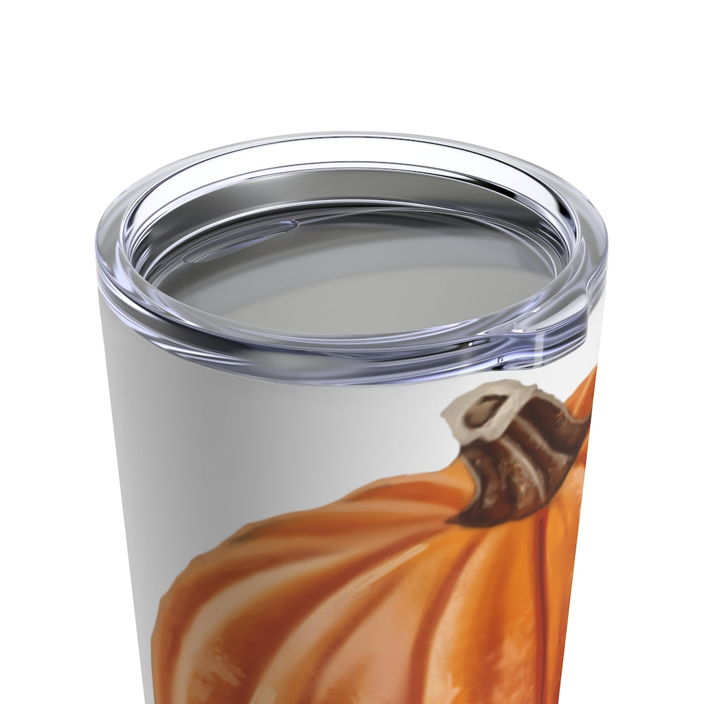 A stylish 20oz stainless steel pumpkin tumbler with a see-thru plastic lid, perfect for travel and outdoor use.