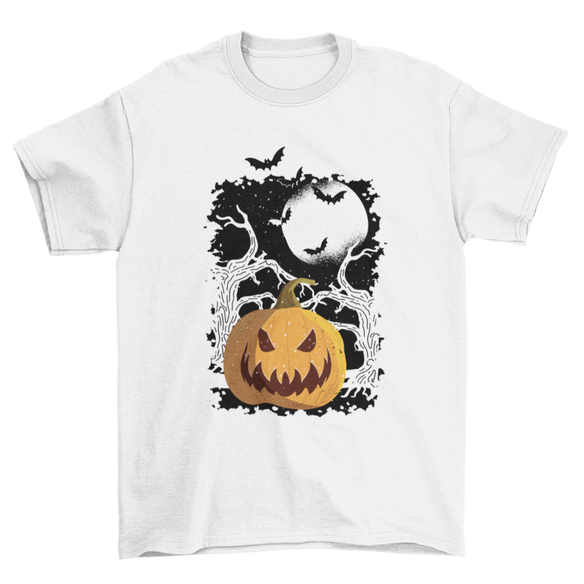 Vintage Halloween T-shirt featuring a pumpkin, trees, and bats against a moonlit background.