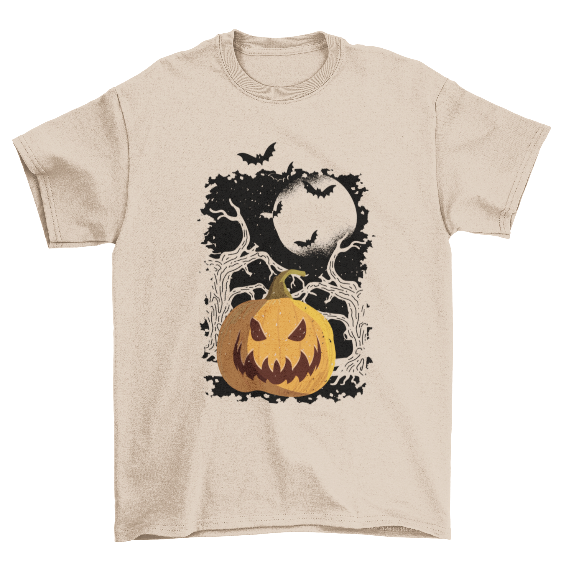 Vintage Halloween T-shirt featuring a pumpkin, trees, and bats against a moonlit background.