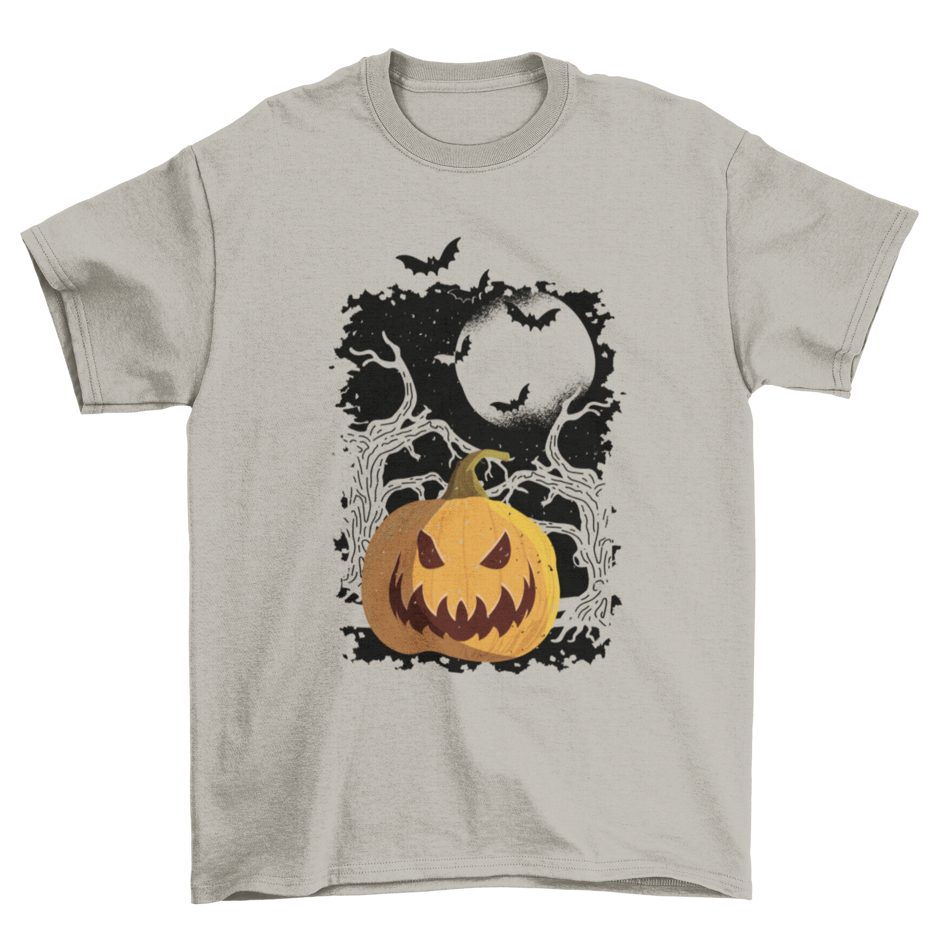 Vintage Halloween T-shirt featuring a pumpkin, trees, and bats against a moonlit background.