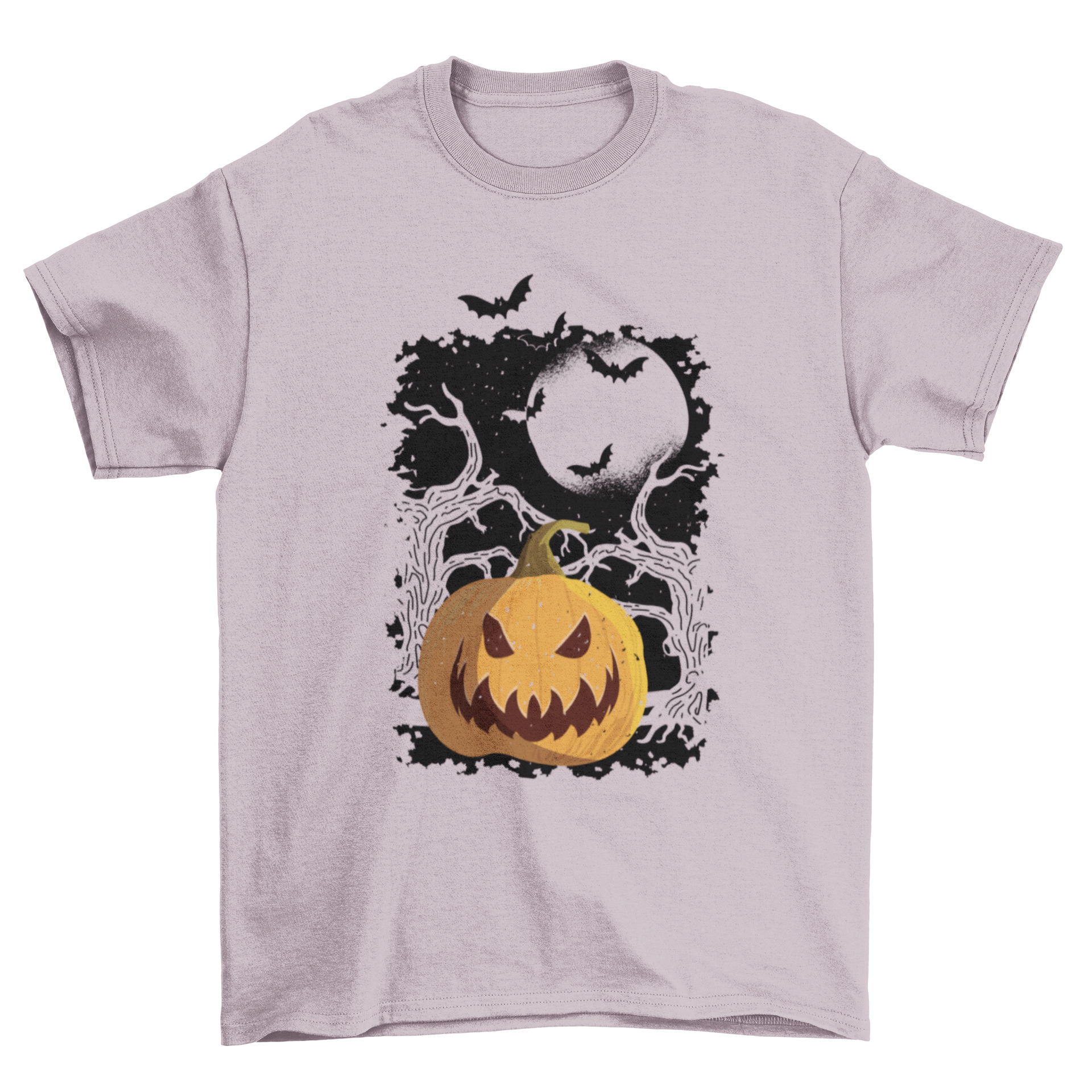 Vintage Halloween T-shirt featuring a pumpkin, trees, and bats against a moonlit background.