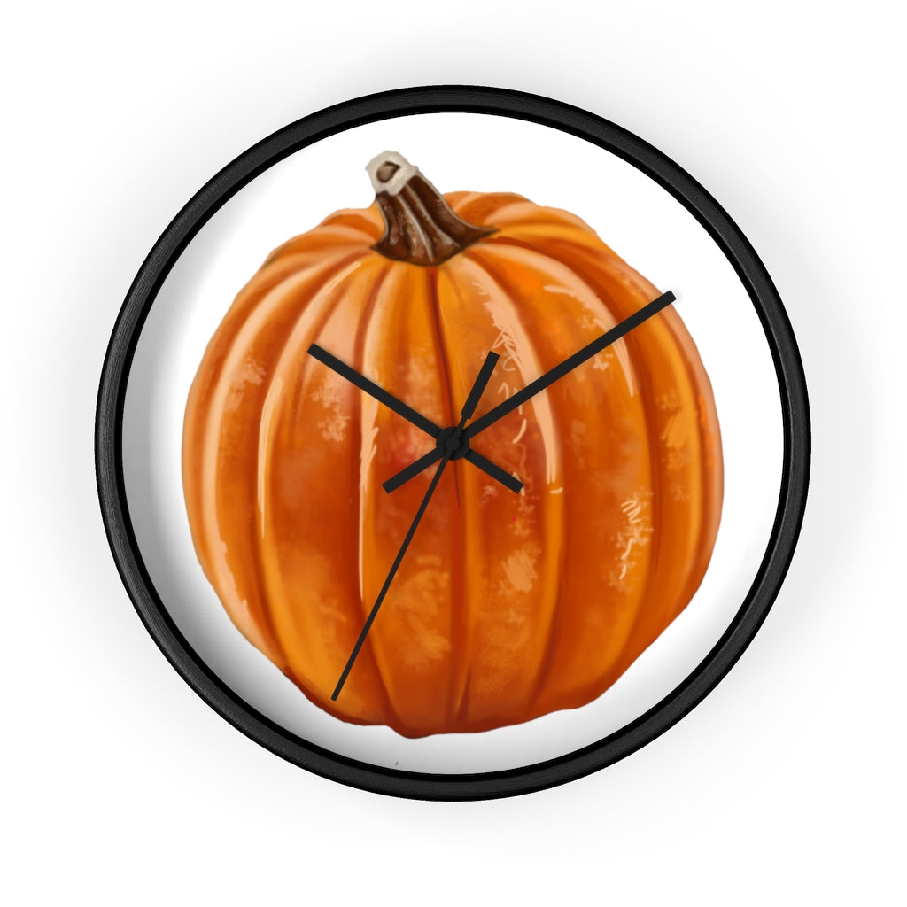 A stylish Pumpkin Wall Clock featuring a wooden frame and plexiglass face, perfect for indoor decor.