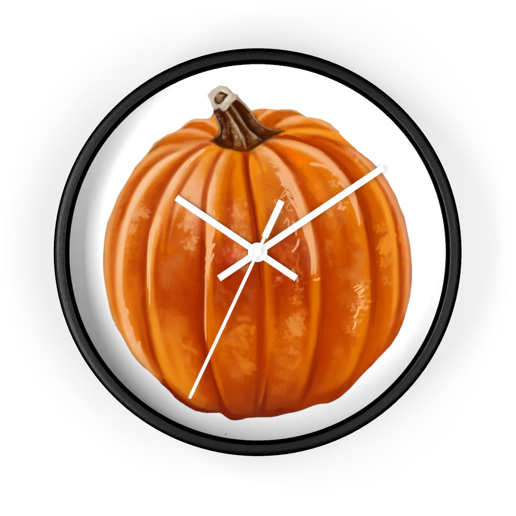 A stylish Pumpkin Wall Clock featuring a wooden frame and plexiglass face, perfect for indoor decor.