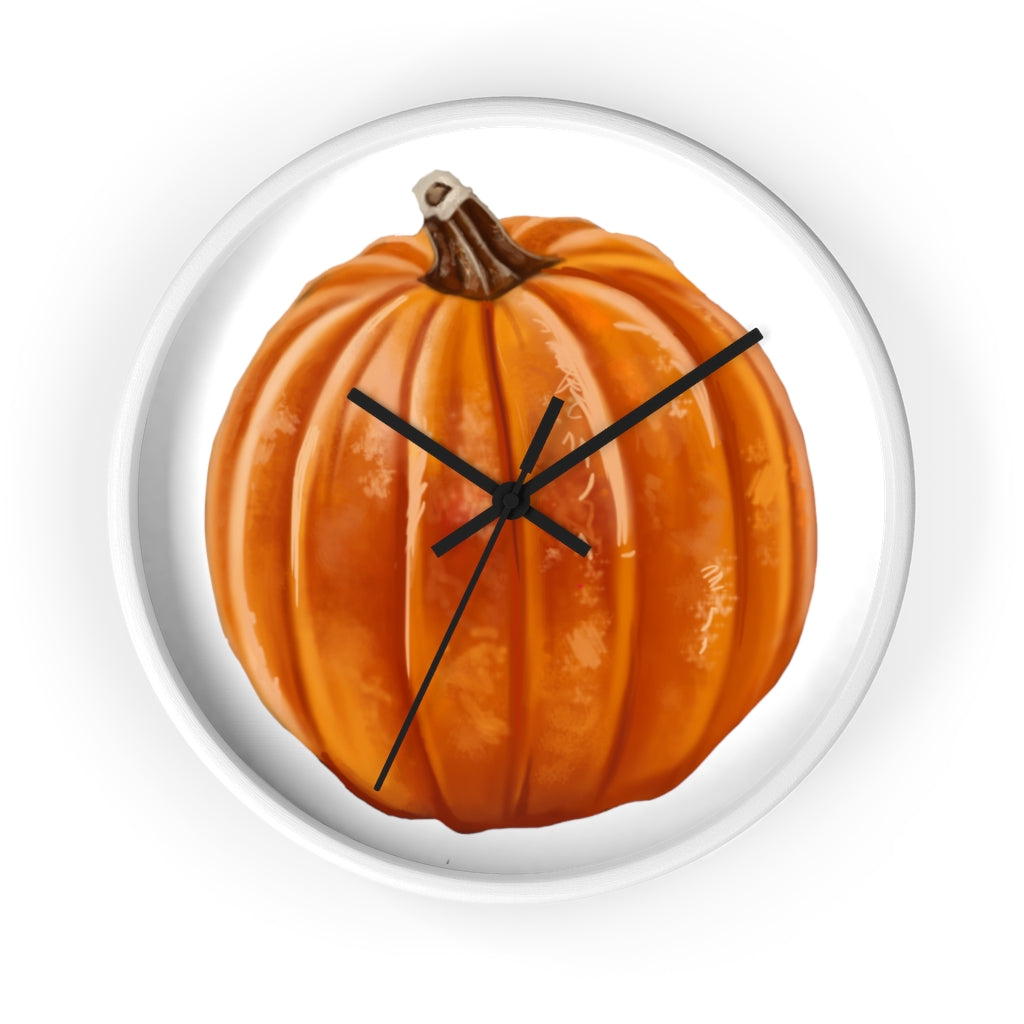 A stylish Pumpkin Wall Clock featuring a wooden frame and plexiglass face, perfect for indoor decor.