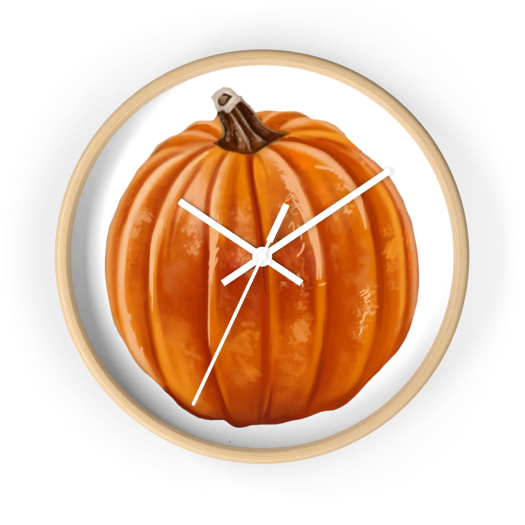 A stylish Pumpkin Wall Clock featuring a wooden frame and plexiglass face, perfect for indoor decor.