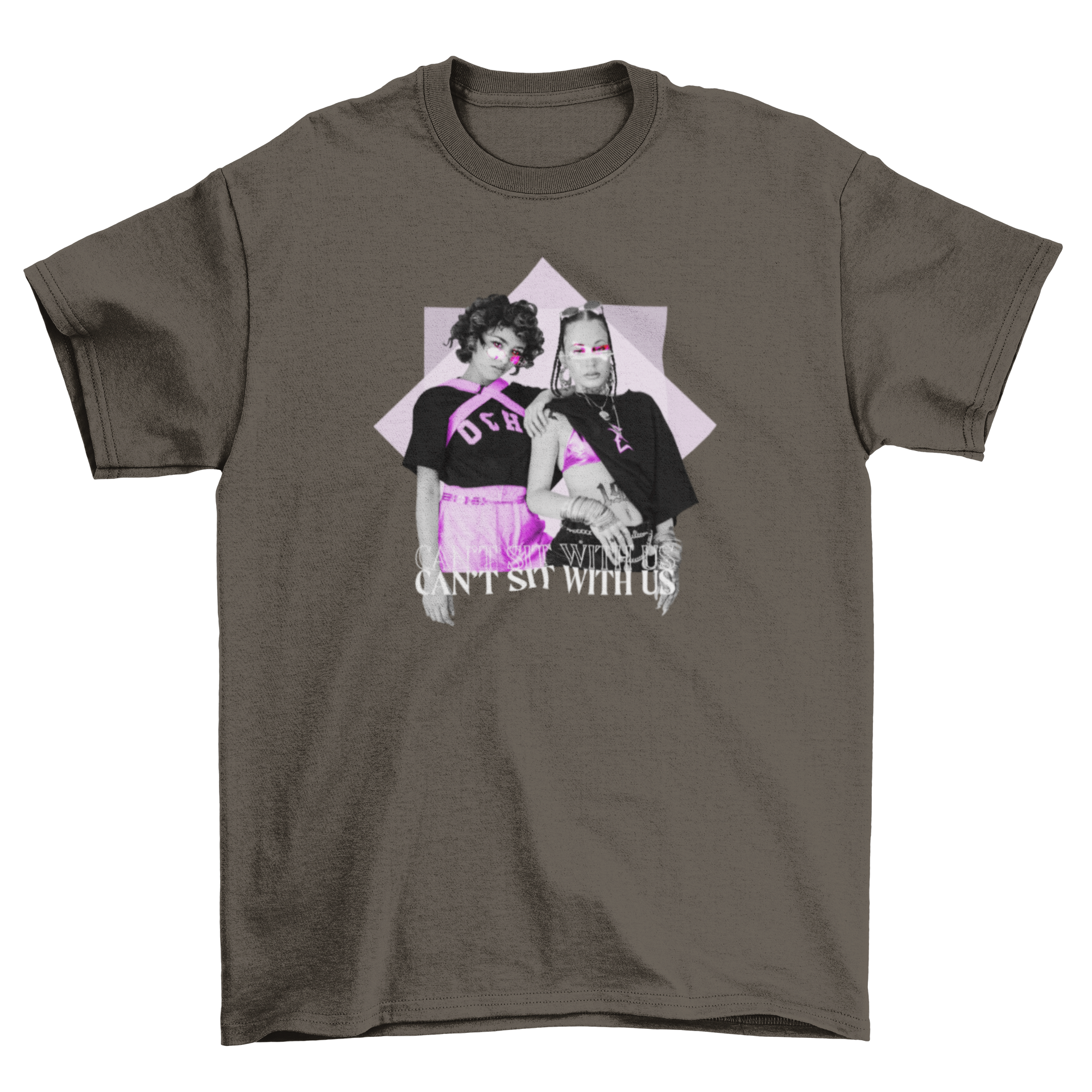 Punk girl purple t-shirt featuring two girls and the quote 'Can't sit with us'.