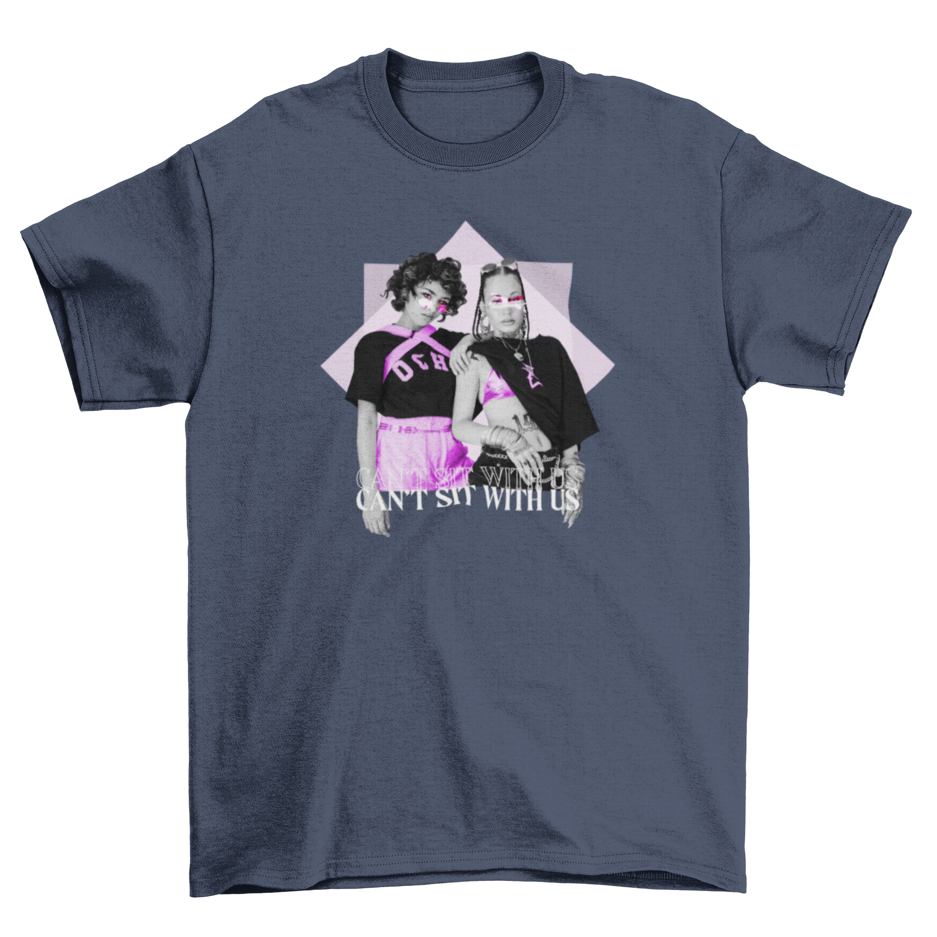 Punk girl purple t-shirt featuring two girls and the quote 'Can't sit with us'.