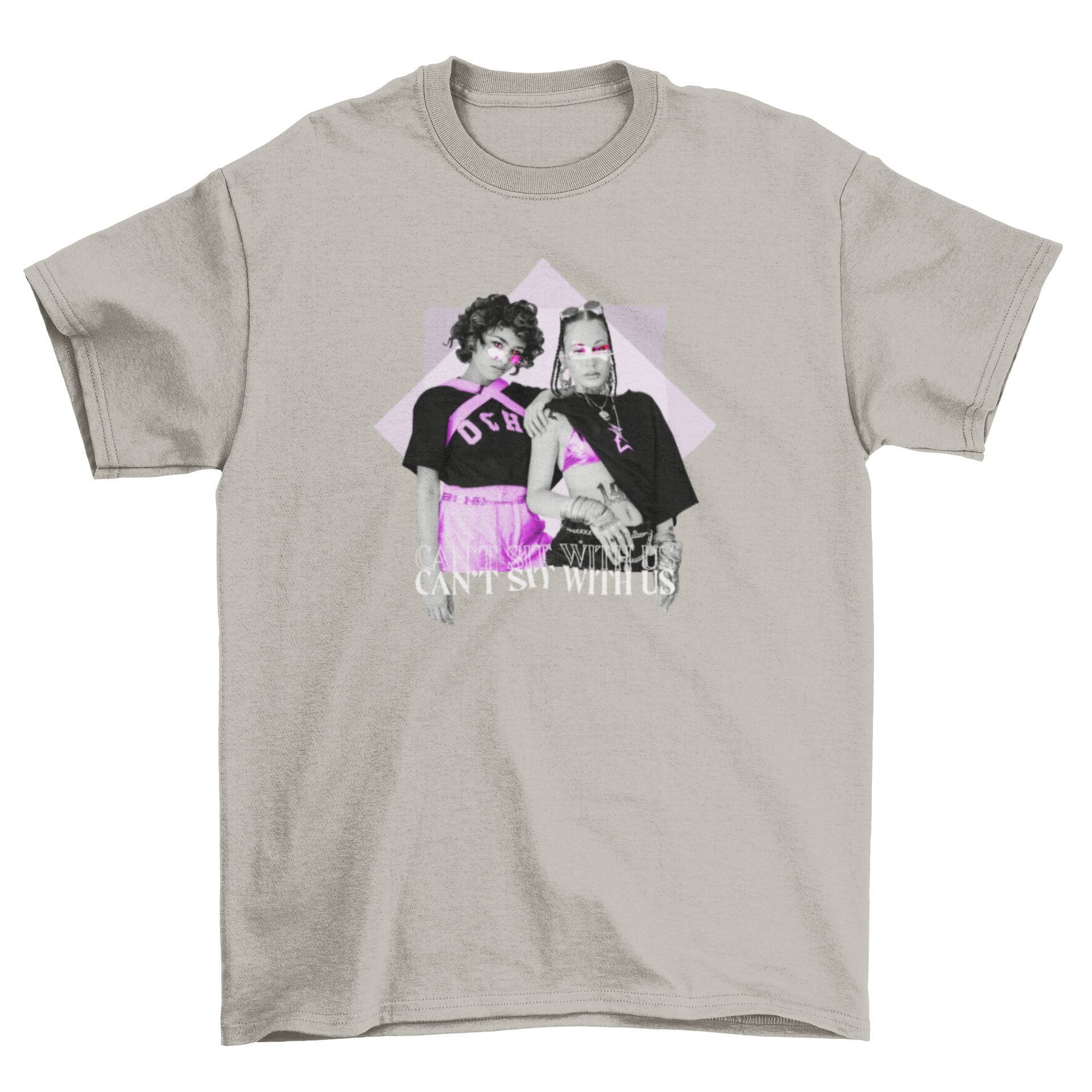 Punk girl purple t-shirt featuring two girls and the quote 'Can't sit with us'.