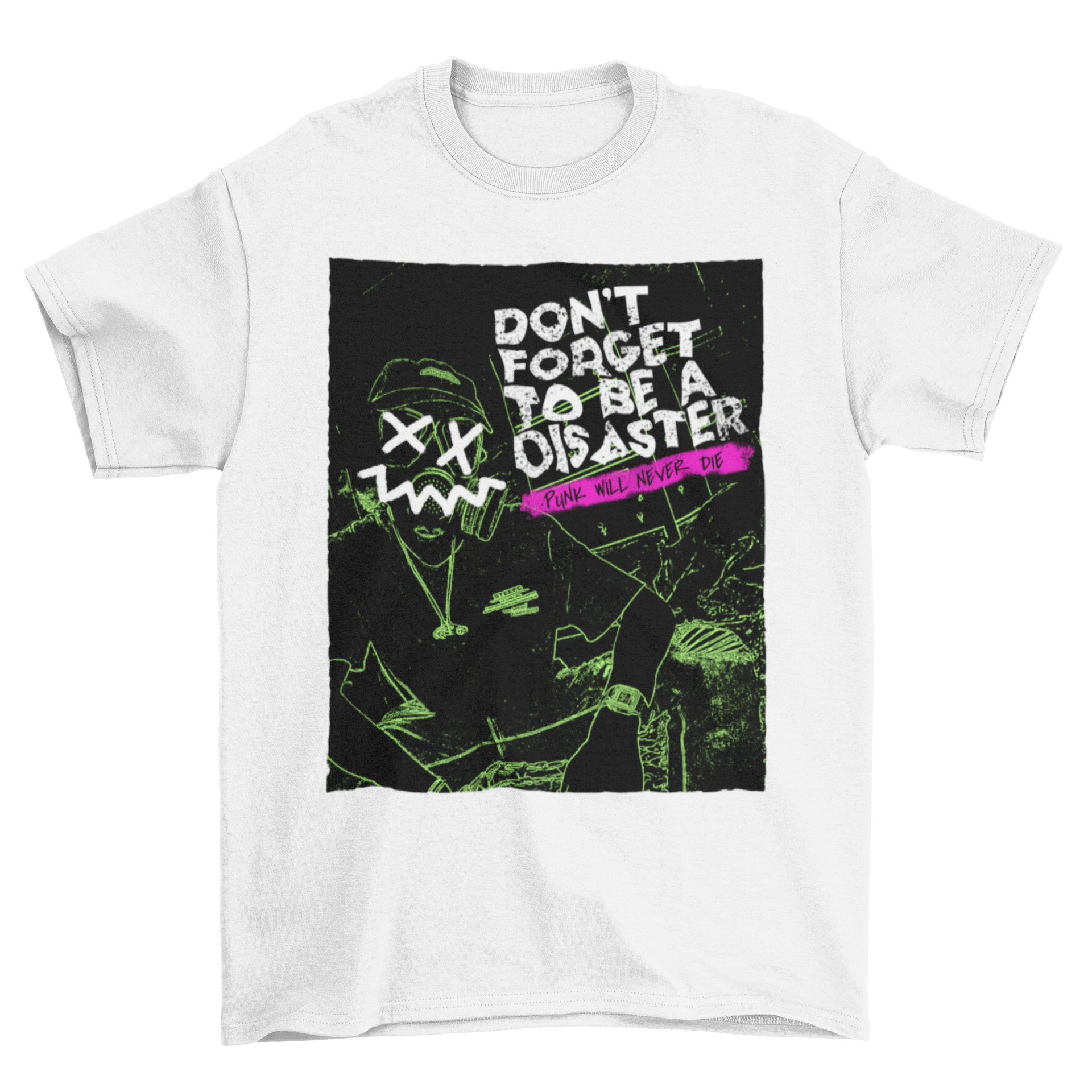 A stylish punk rock t-shirt featuring bold graphics and edgy typography, perfect for music lovers.