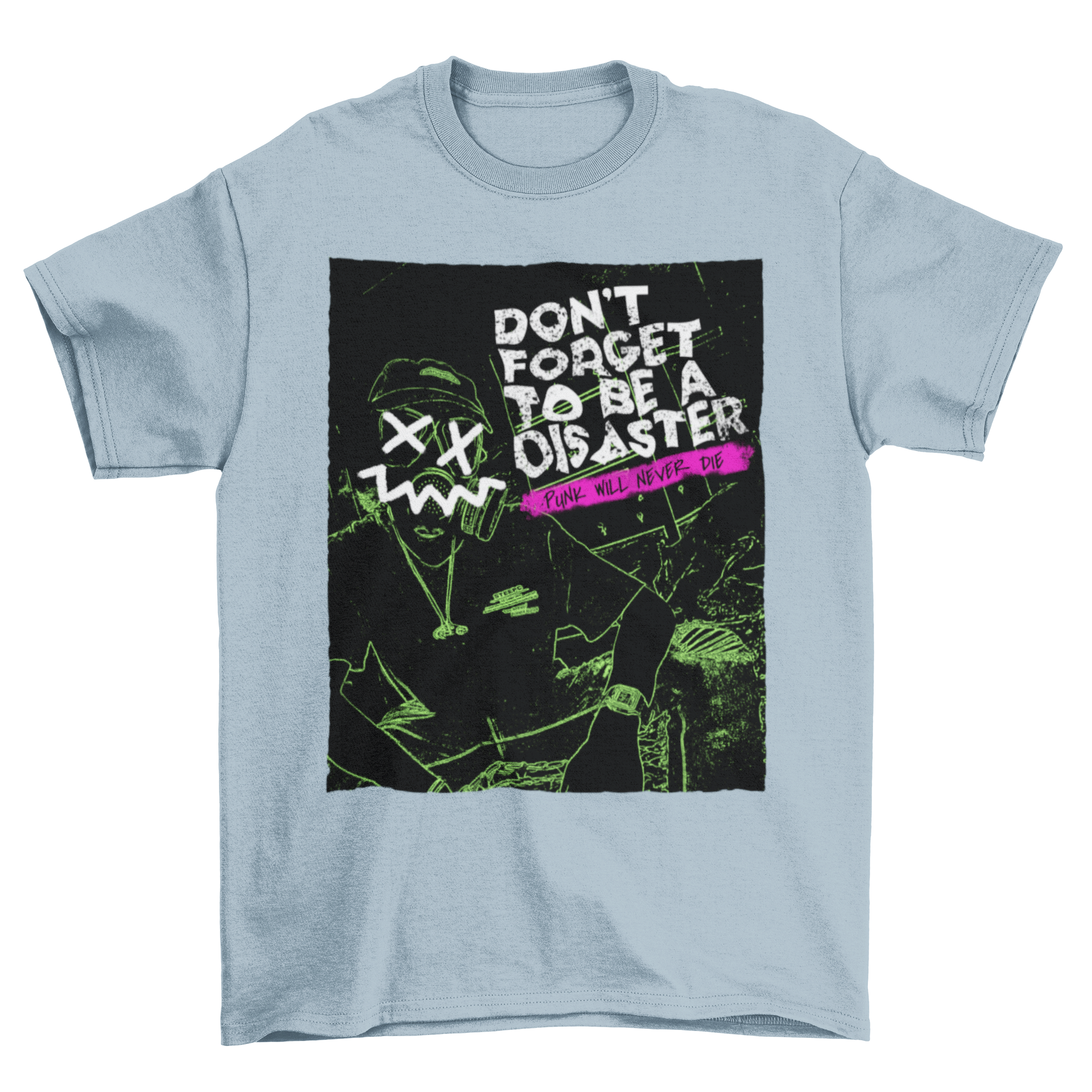 A stylish punk rock t-shirt featuring bold graphics and edgy typography, perfect for music lovers.