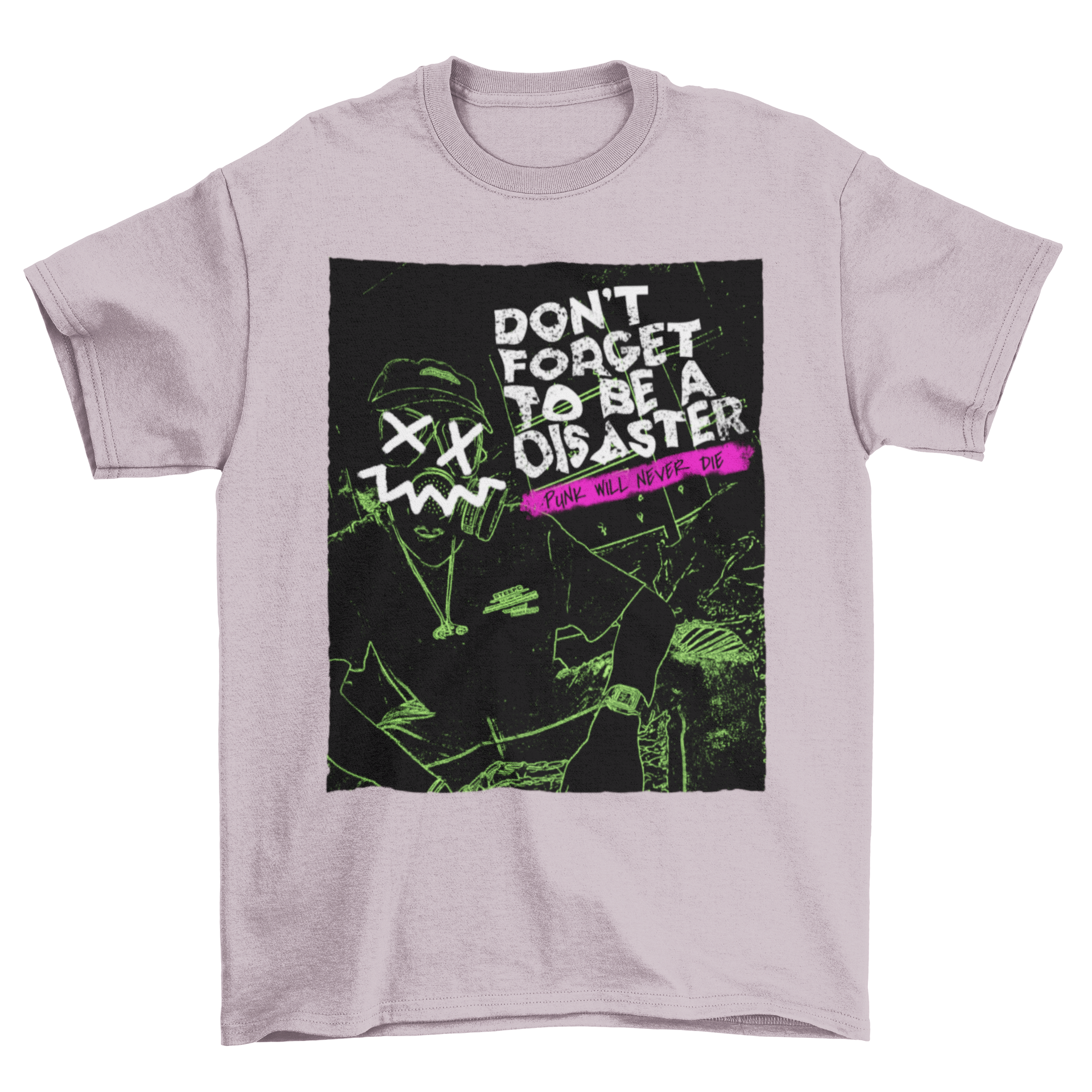 A stylish punk rock t-shirt featuring bold graphics and edgy typography, perfect for music lovers.