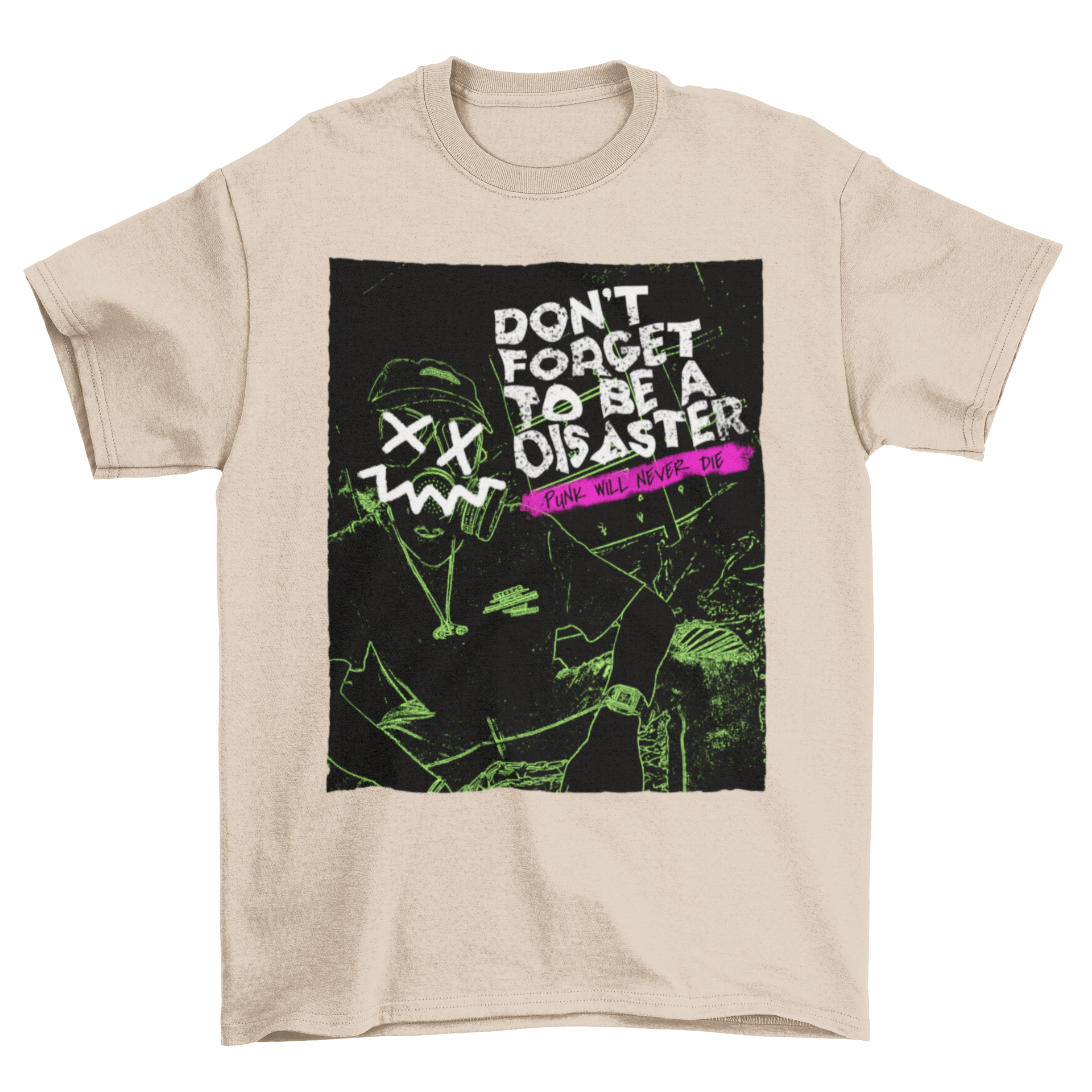 A stylish punk rock t-shirt featuring bold graphics and edgy typography, perfect for music lovers.