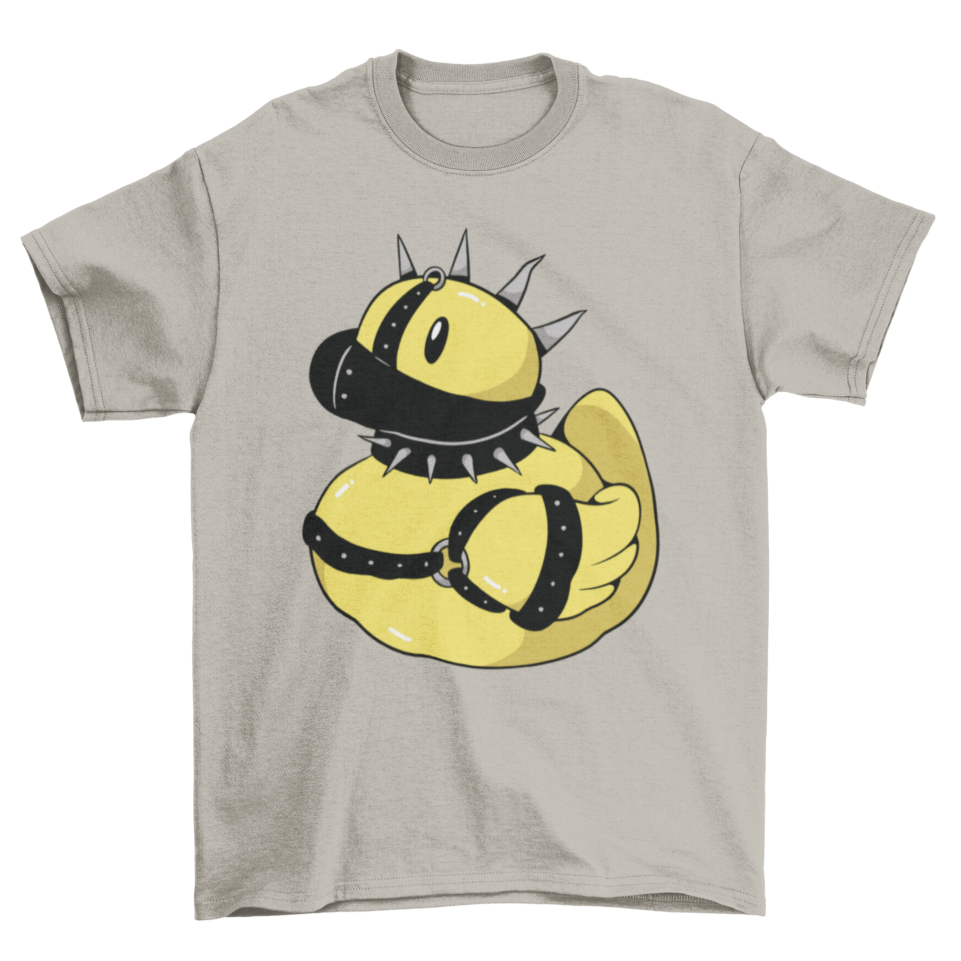 Punk rubber duck toy t-shirt featuring a duck with goth accessories like chains and sunglasses.