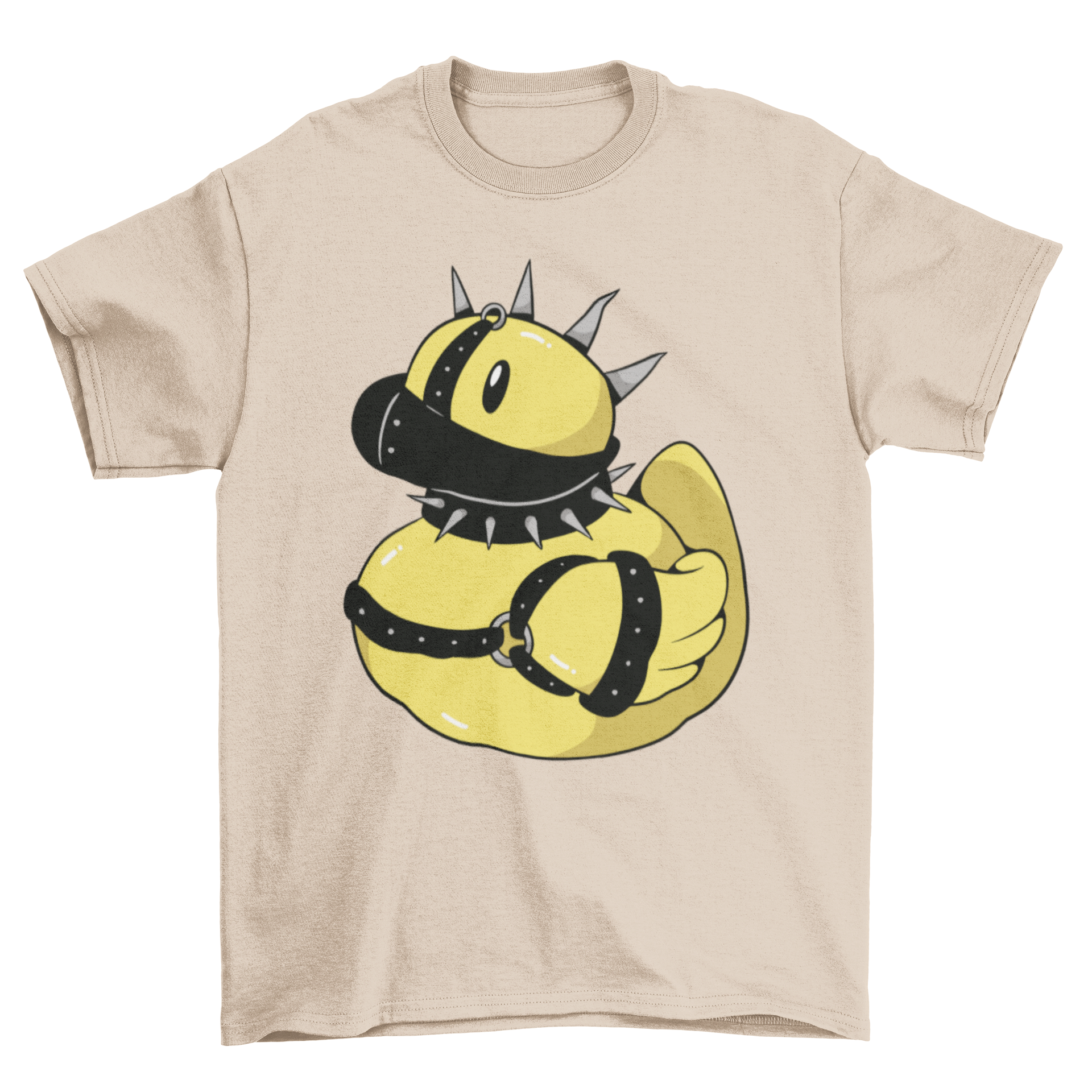 Punk rubber duck toy t-shirt featuring a duck with goth accessories like chains and sunglasses.