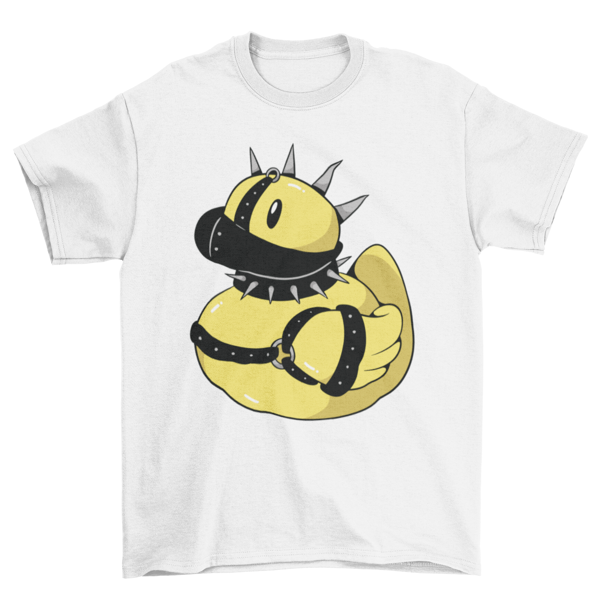 Punk rubber duck toy t-shirt featuring a duck with goth accessories like chains and sunglasses.