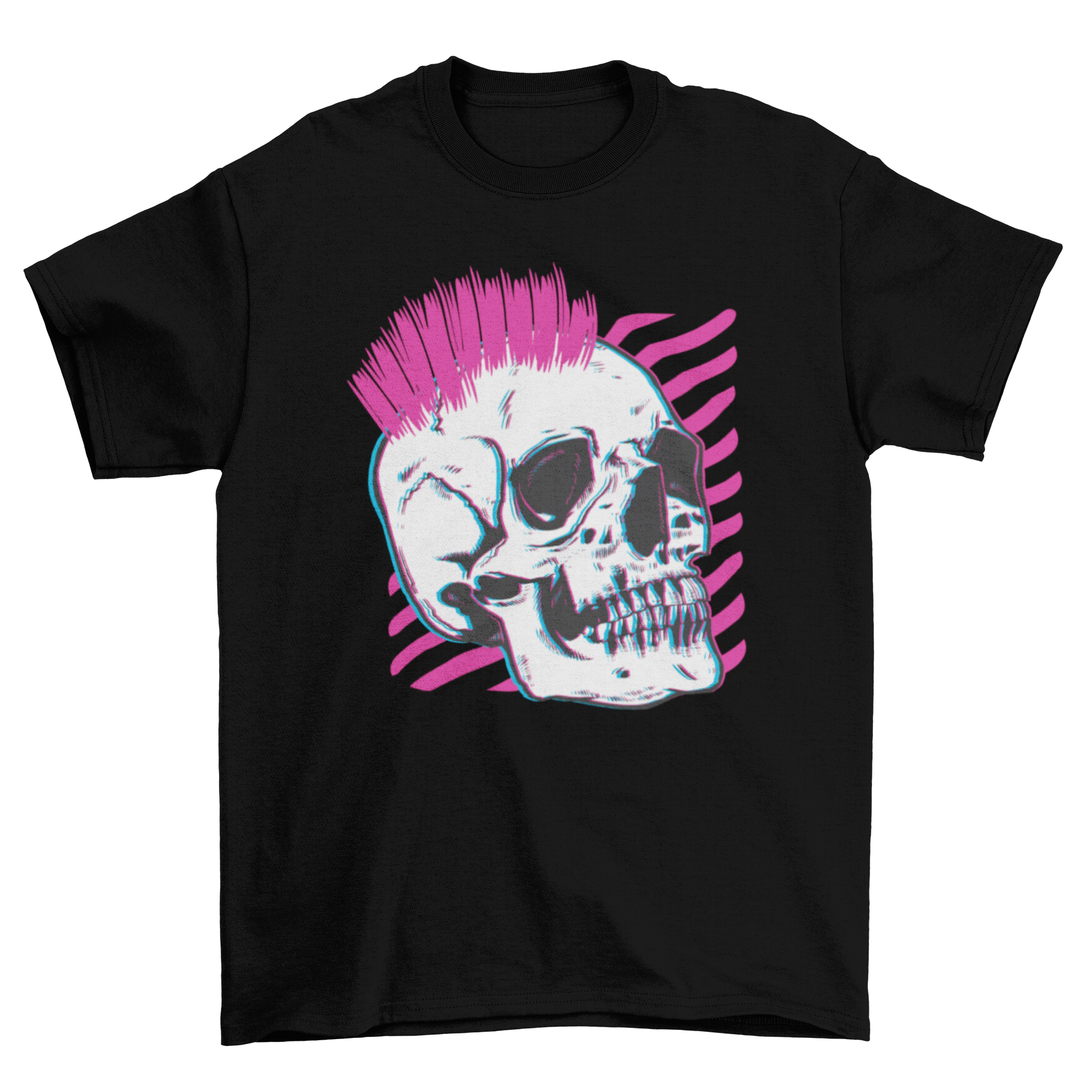 Punk Skull Glitch T-Shirt featuring a glitching skull with vibrant pink hair on a black background.