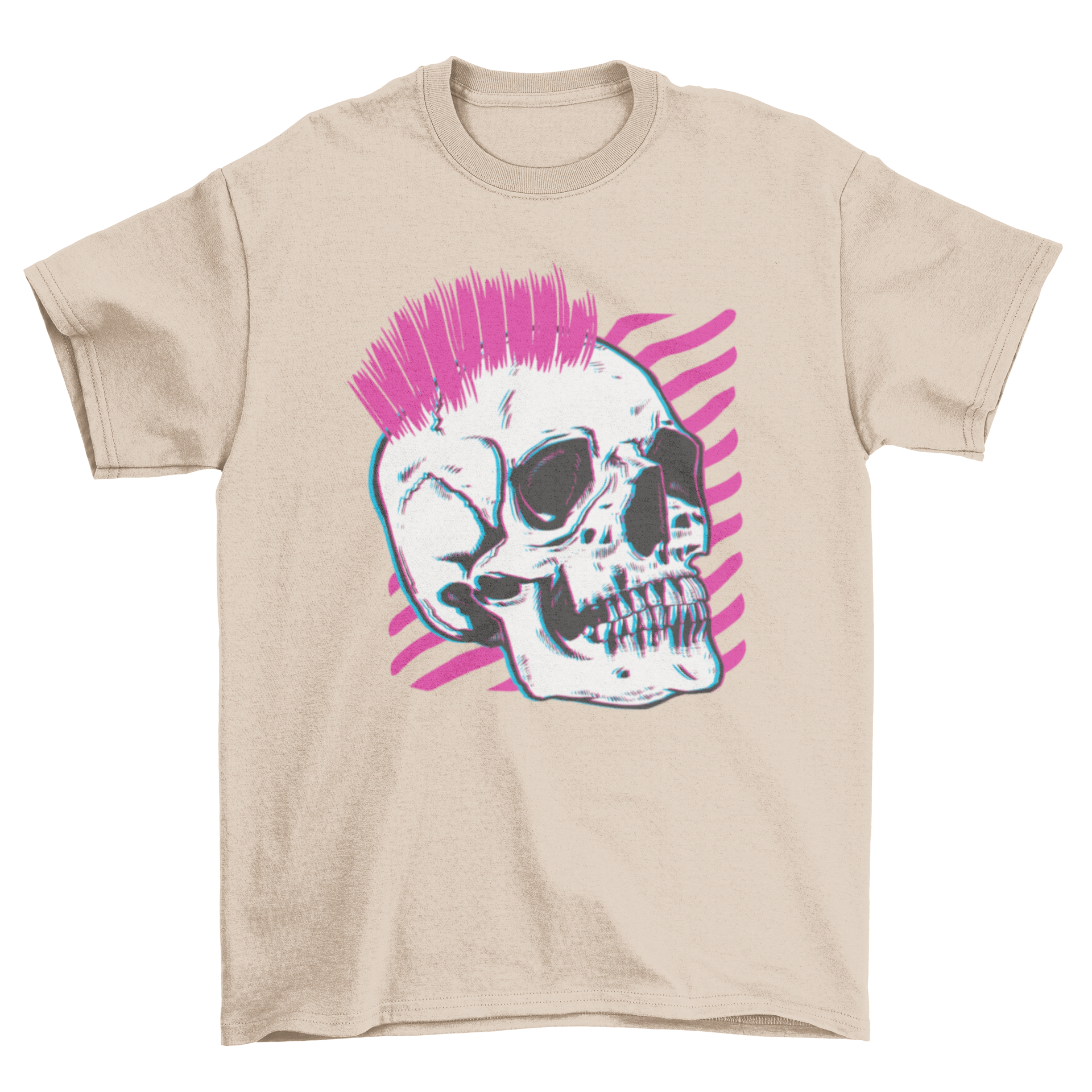 Punk Skull Glitch T-Shirt featuring a glitching skull with vibrant pink hair on a black background.